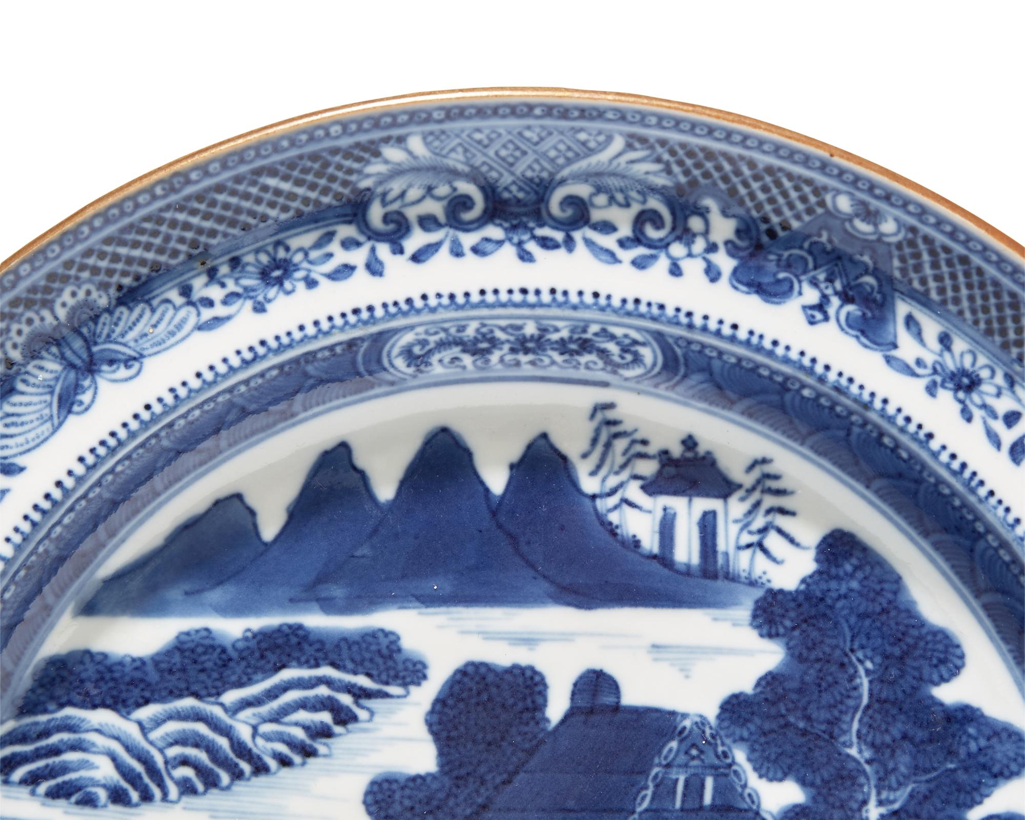 A Rare Pair of Chinese Export Porcelain Log Cabin or Pearl River House near Canton Pattern Plates