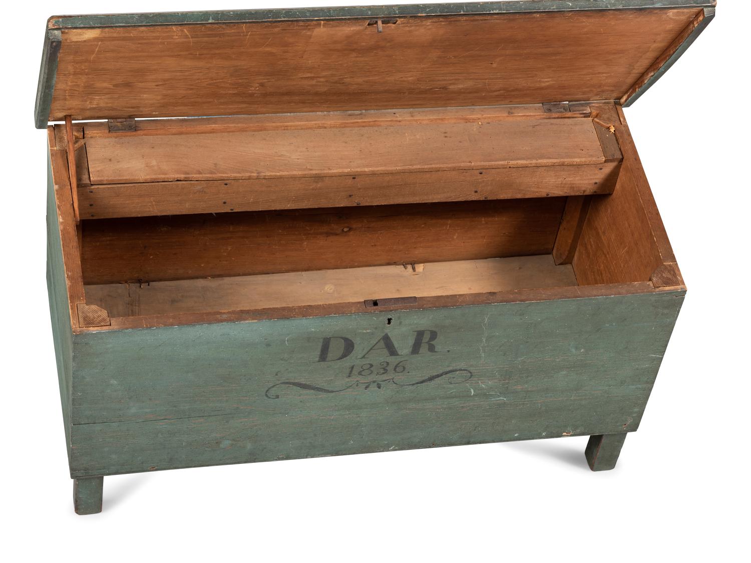A Federal Blue Painted Poplar DAR 1836 Inscribed Blanket Chest