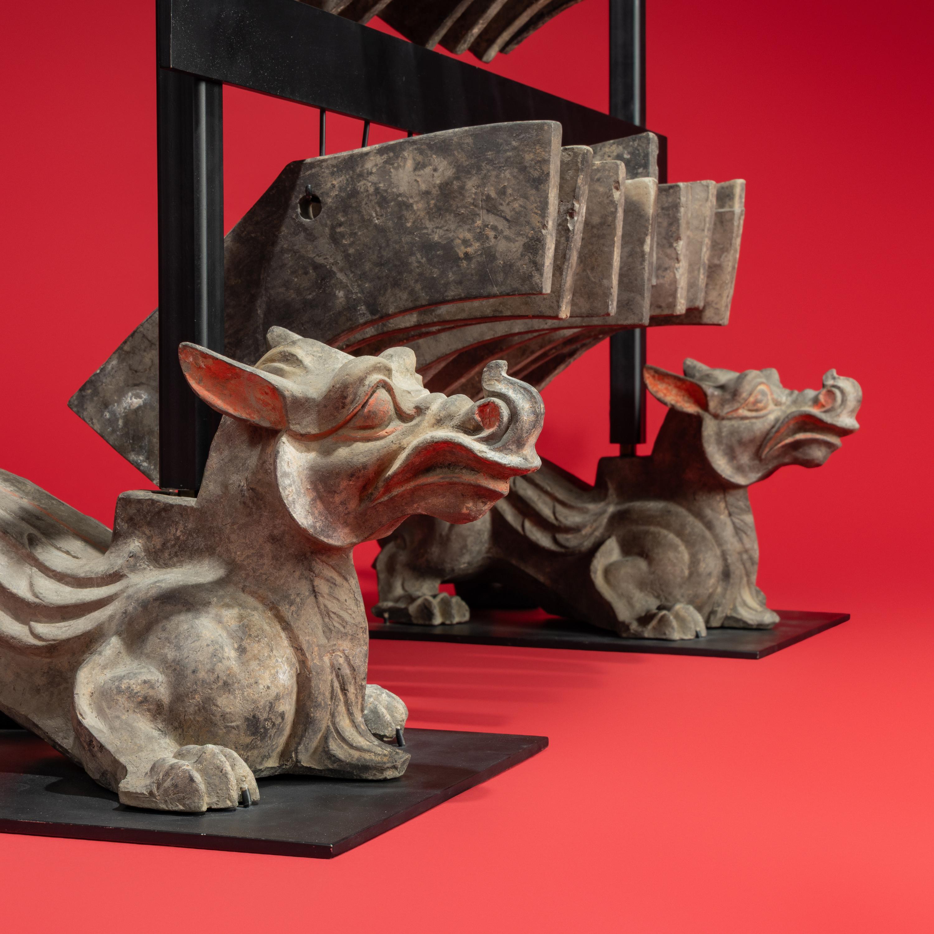 A Rare Chinese Painted Earthenware Chimera and Chimes Set, Qing and Bixie, Western Han Dynasty — 西漢 灰陶編磬一組連辟邪座