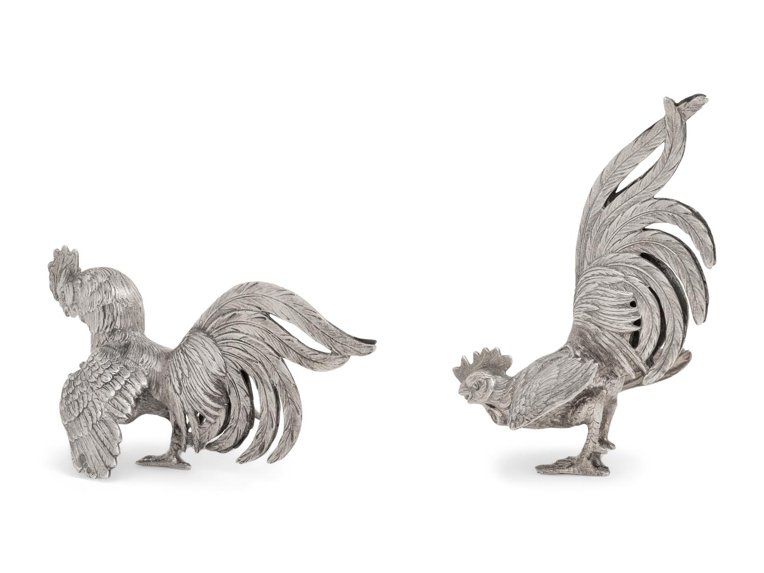 A Pair of Continental Silver Cockerels