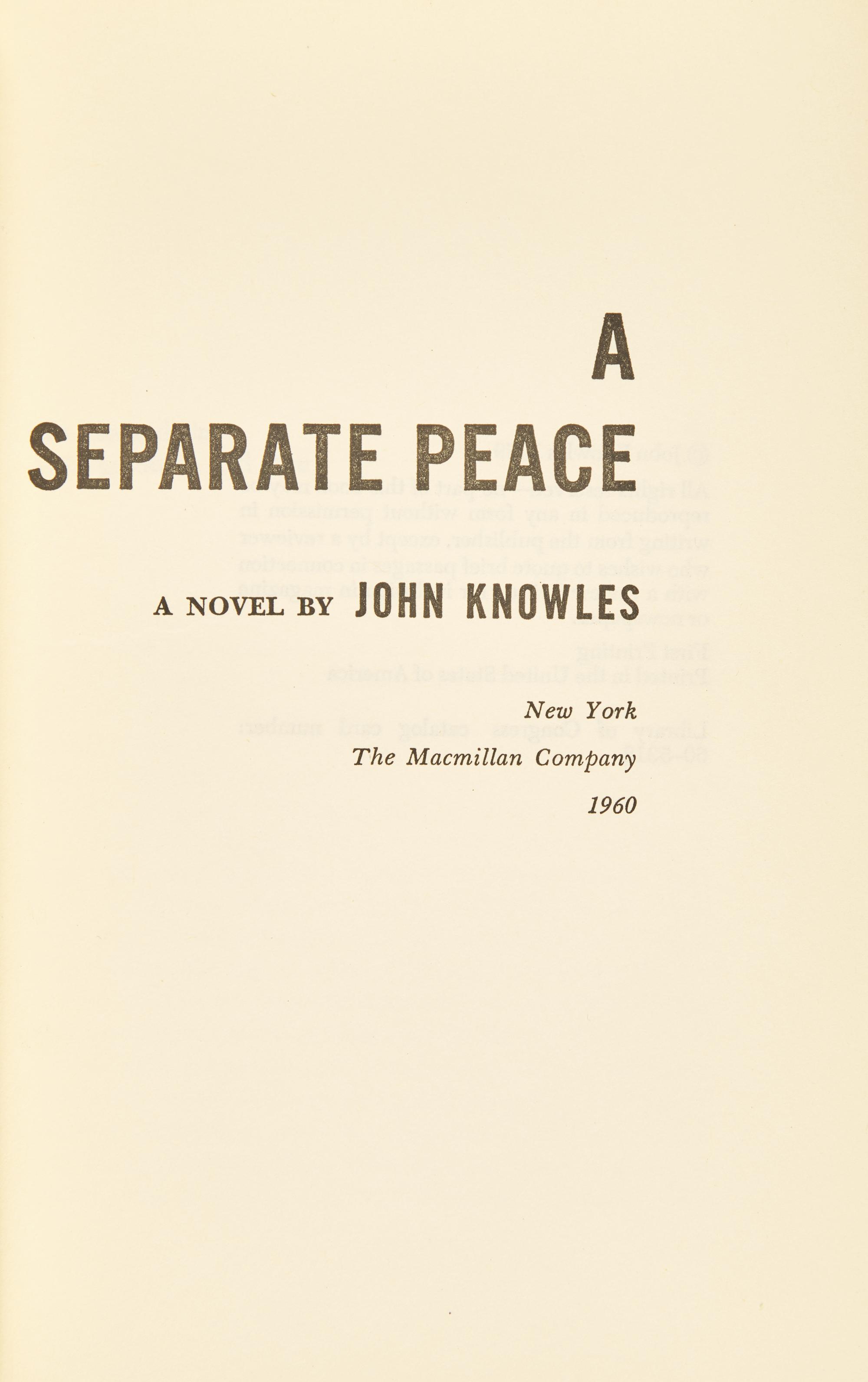 [Literature] Knowles, John. A Separate Peace, with an autograph letter, signed