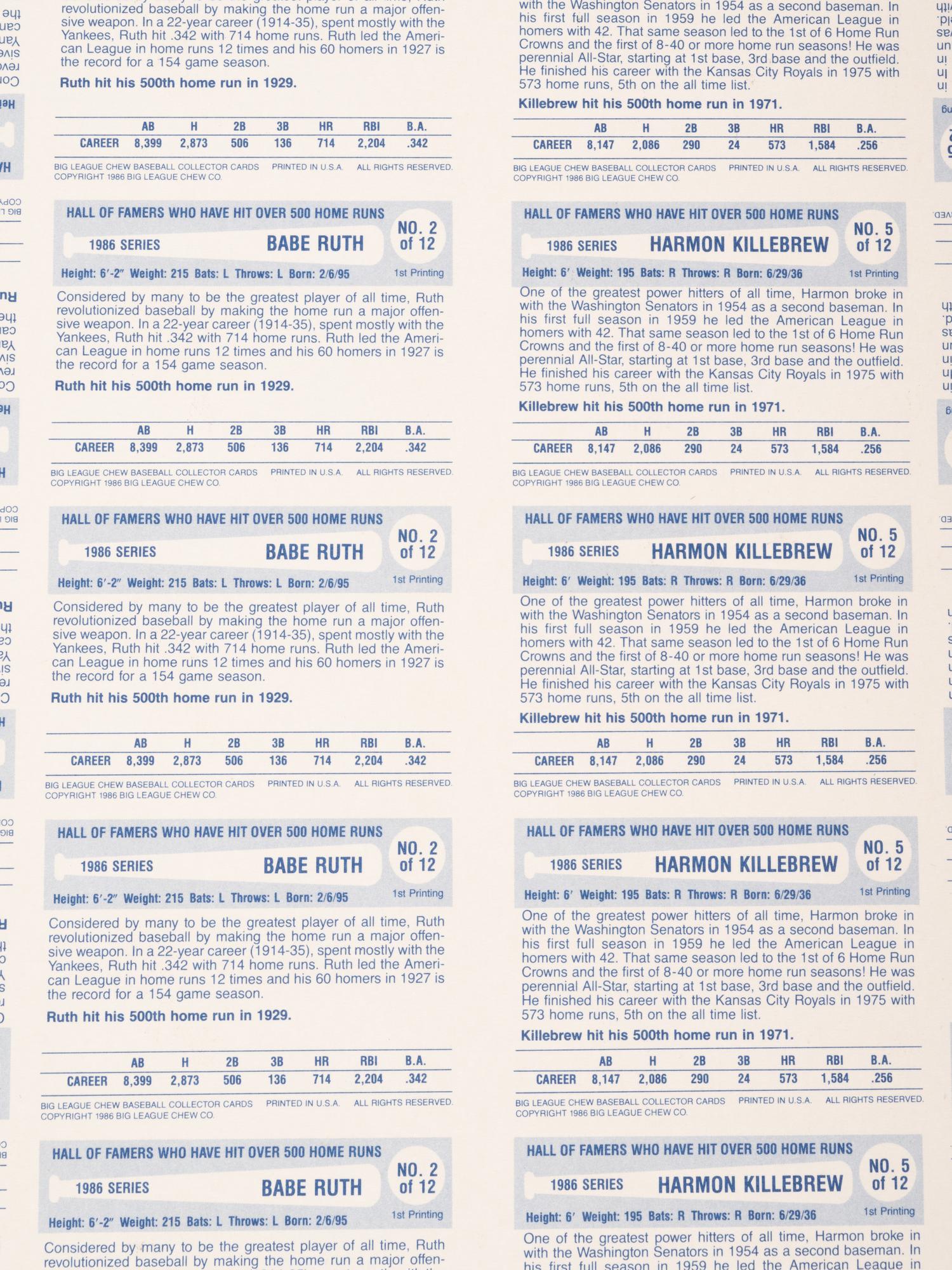 A Group of Five Uncut Sheets of 1980 Baseball Immortals and Home Run Legends Baseball Cards