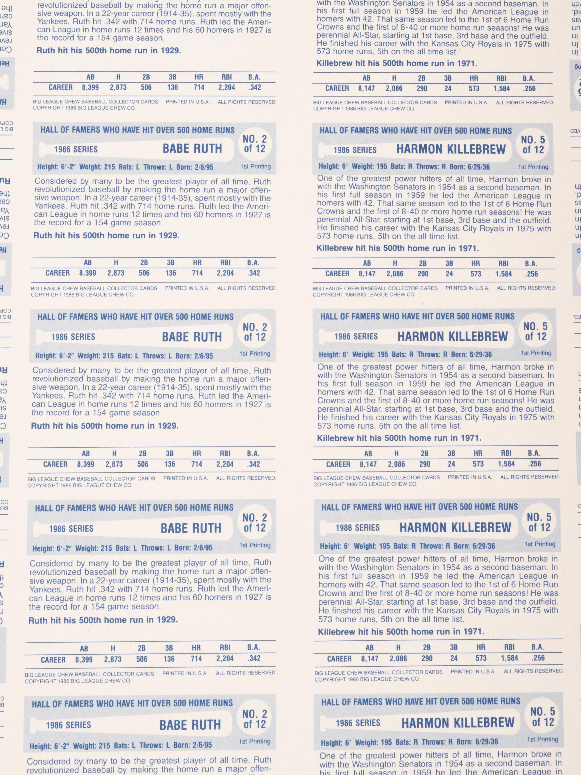 A Group of Five Uncut Sheets of 1980 Baseball Immortals and Home Run Legends Baseball Cards