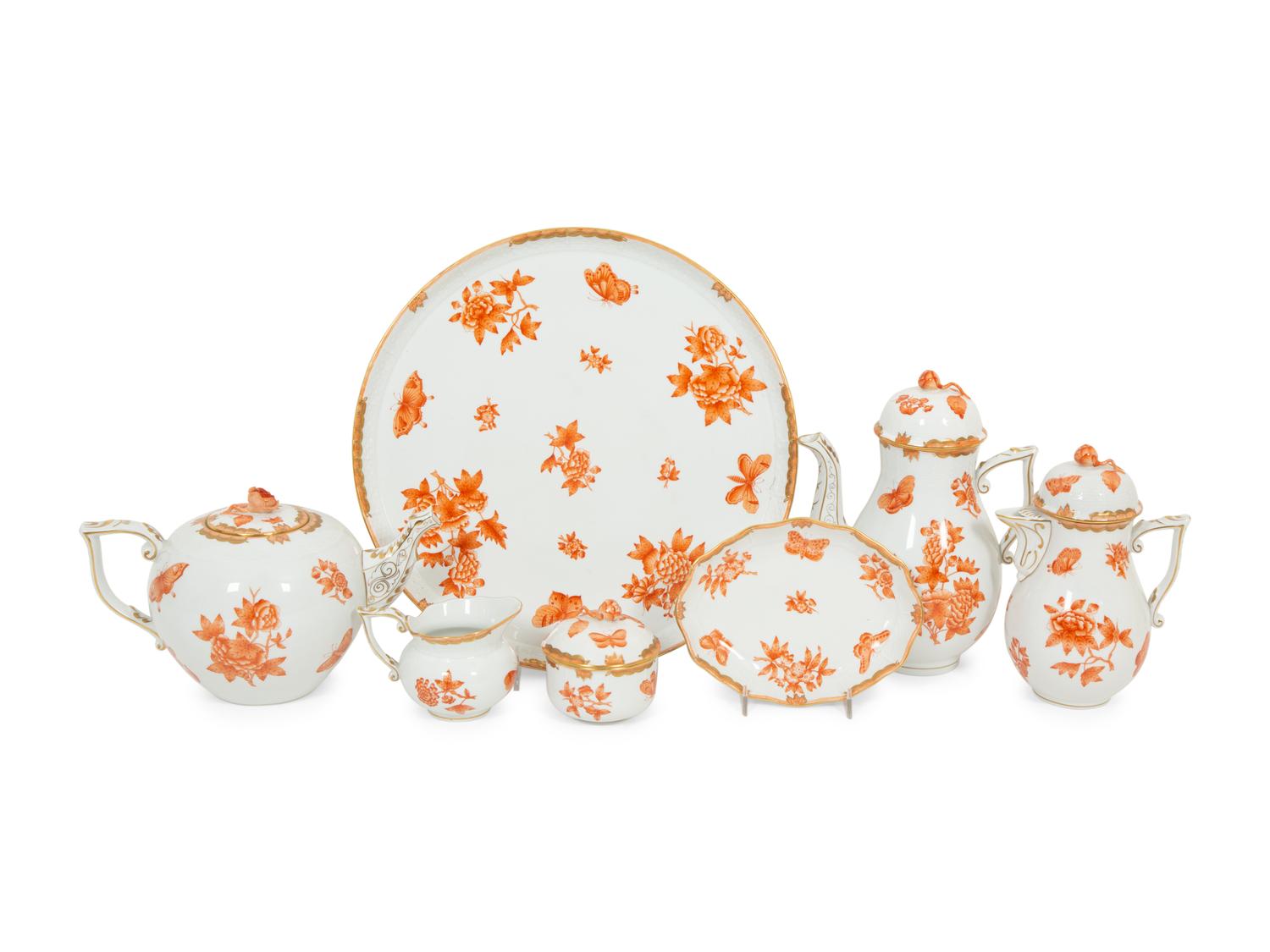 A Herend Porcelain Chinese Bouquet Rust Seven-Piece Tea and Coffee Service