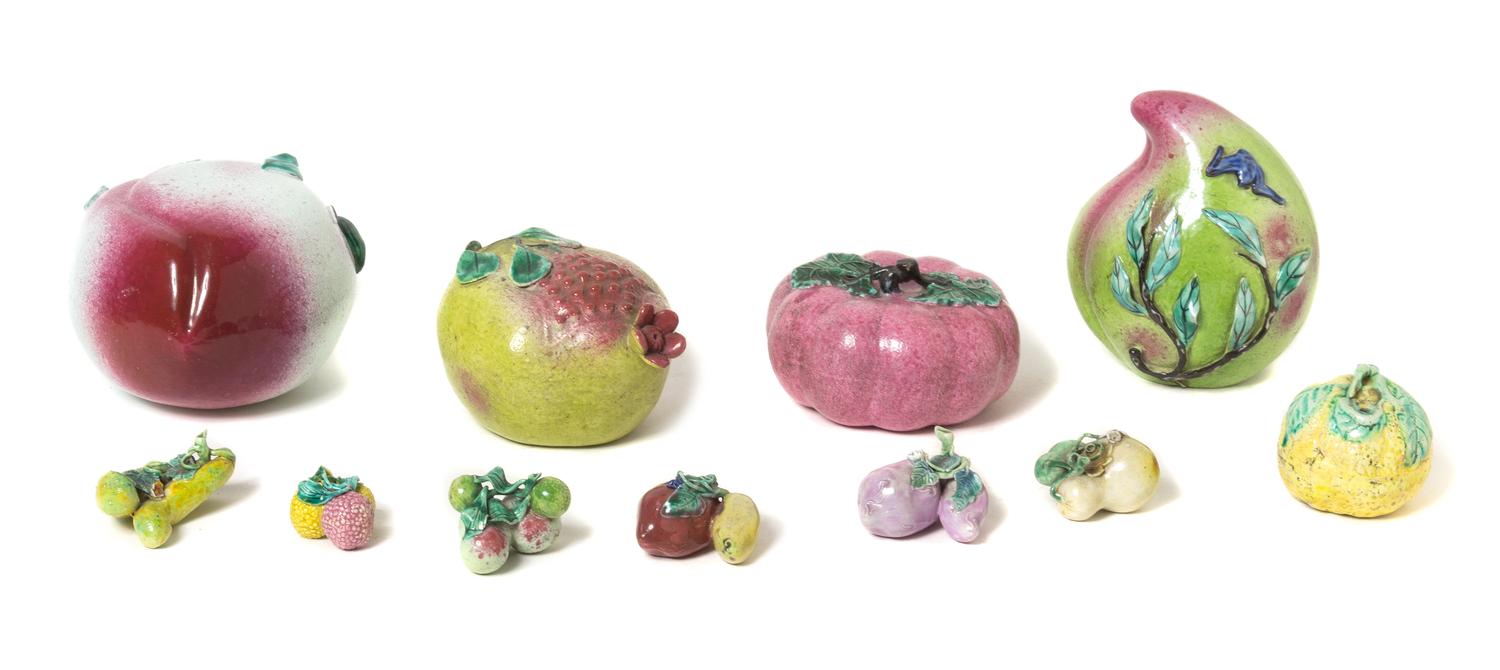 Eleven Porcelain Models of Fruit Length of largest 6 1/2 x width 5 1/4 x height 4 3/8 inches.