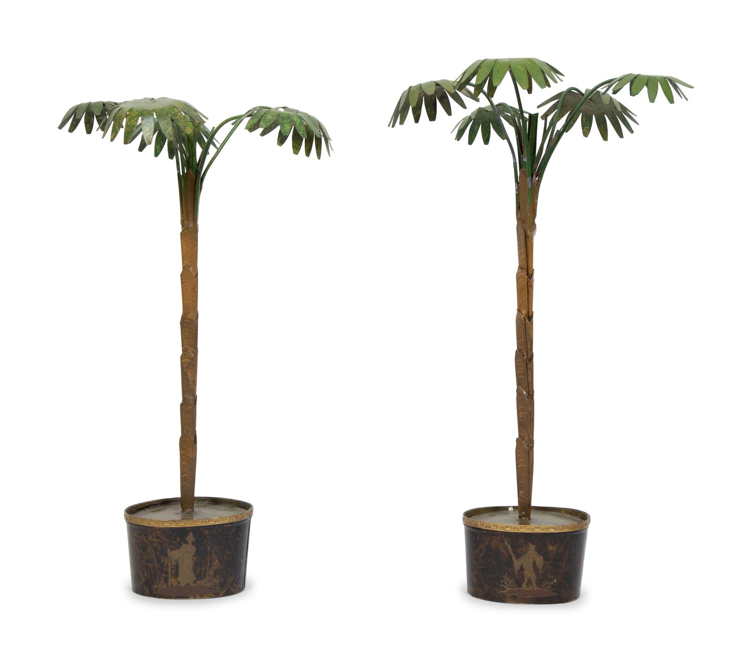 A Pair of Tôle Peinte Palm Trees in Black and Gilt Chinoiserie Jardinieres