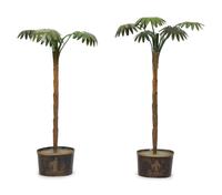A Pair of Tôle Peinte Palm Trees in Black and Gilt Chinoiserie Jardinieres