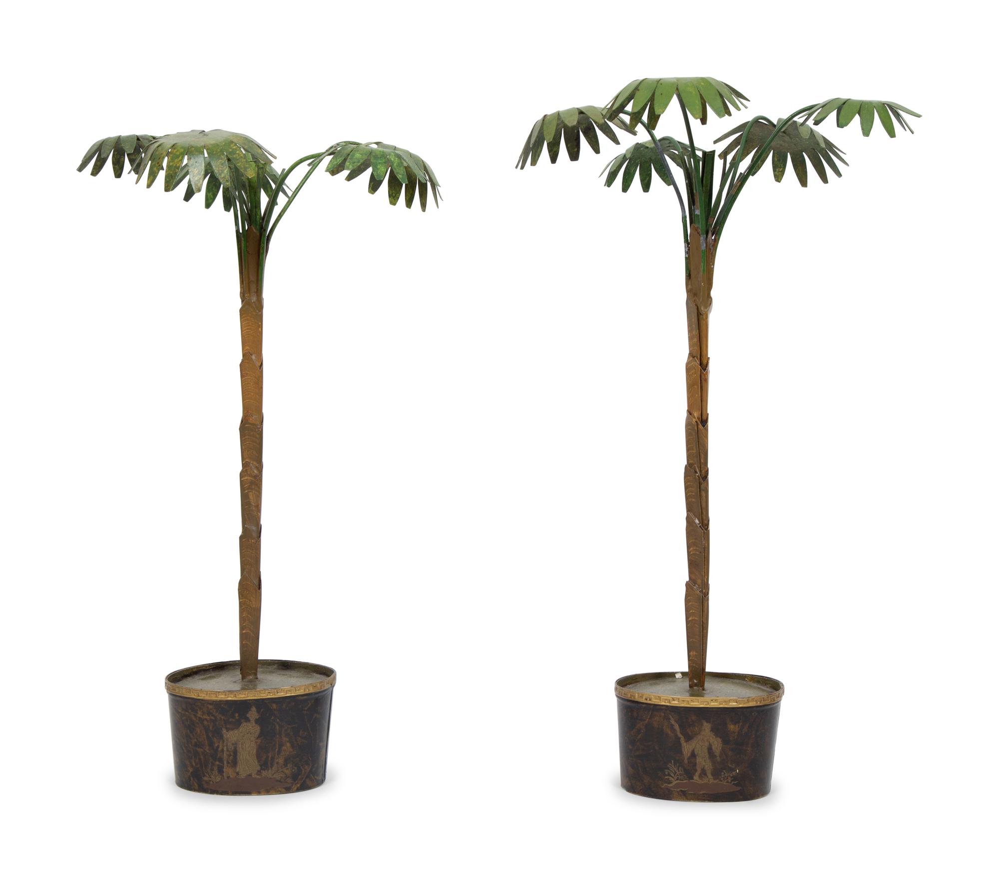 A Pair of Tôle Peinte Palm Trees in Black and Gilt Chinoiserie Jardinieres