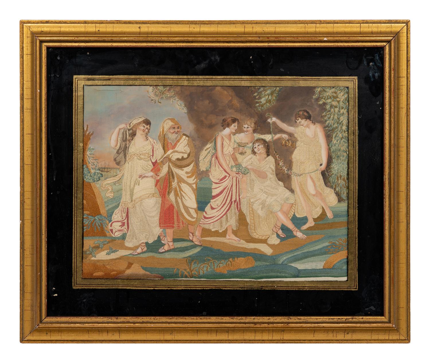 A Continental Needlework and Silk Picture depicting a Mythological Scene (18th/19th century)