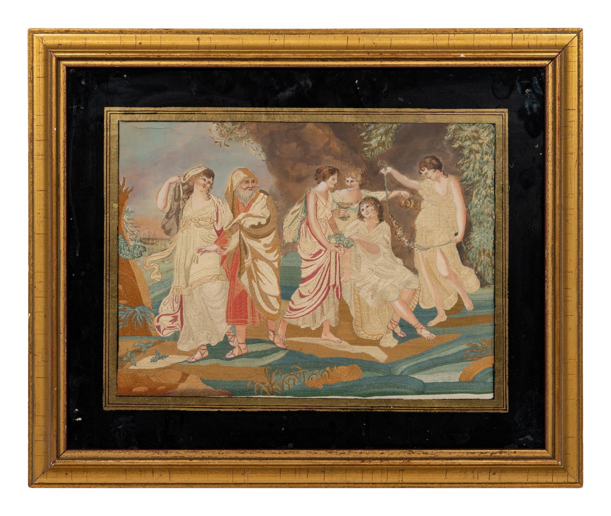 A Continental Needlework and Silk Picture depicting a Mythological Scene (18th/19th century)