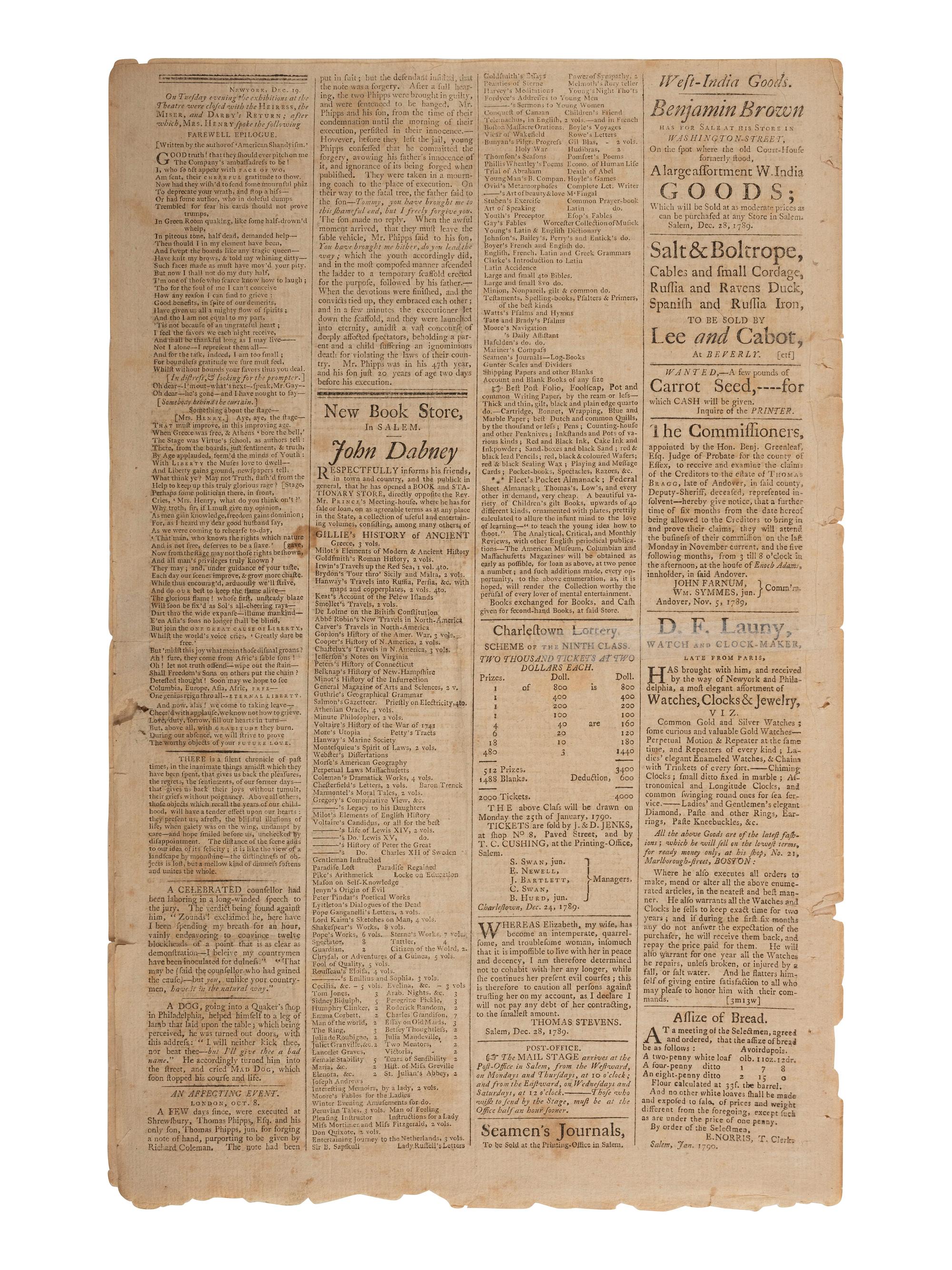 [UPRISING OF ENSLAVED PEOPLE]. American Eagle . No. 1. Salem, MA: Thomas C. Cushing, 5 January 1790.