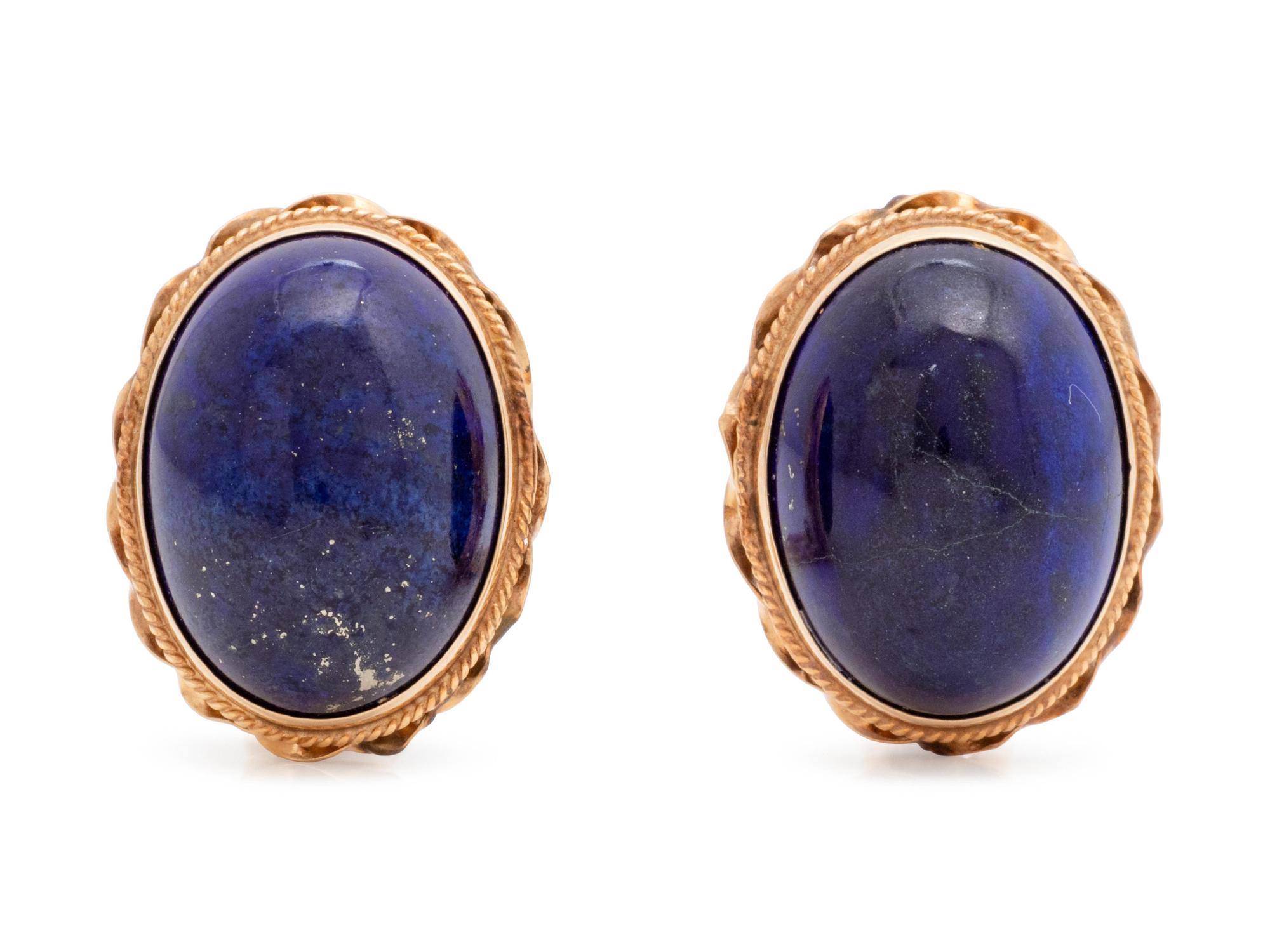 A Pair of Yellow Gold and Lapis Lazuli Earclips,
