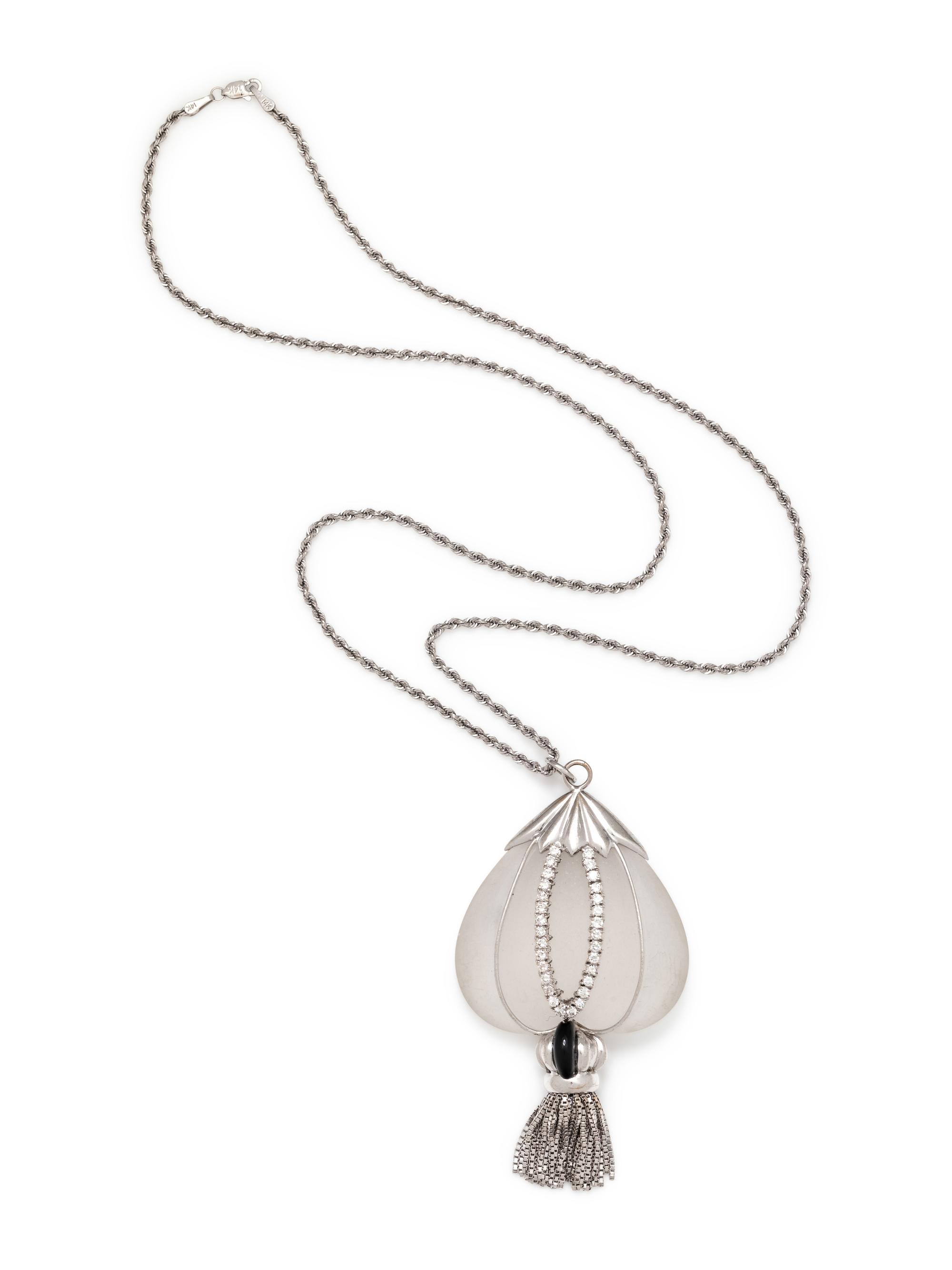 ROCK CRYSTAL, DIAMOND AND ONYX PENDANT/NECKLACE