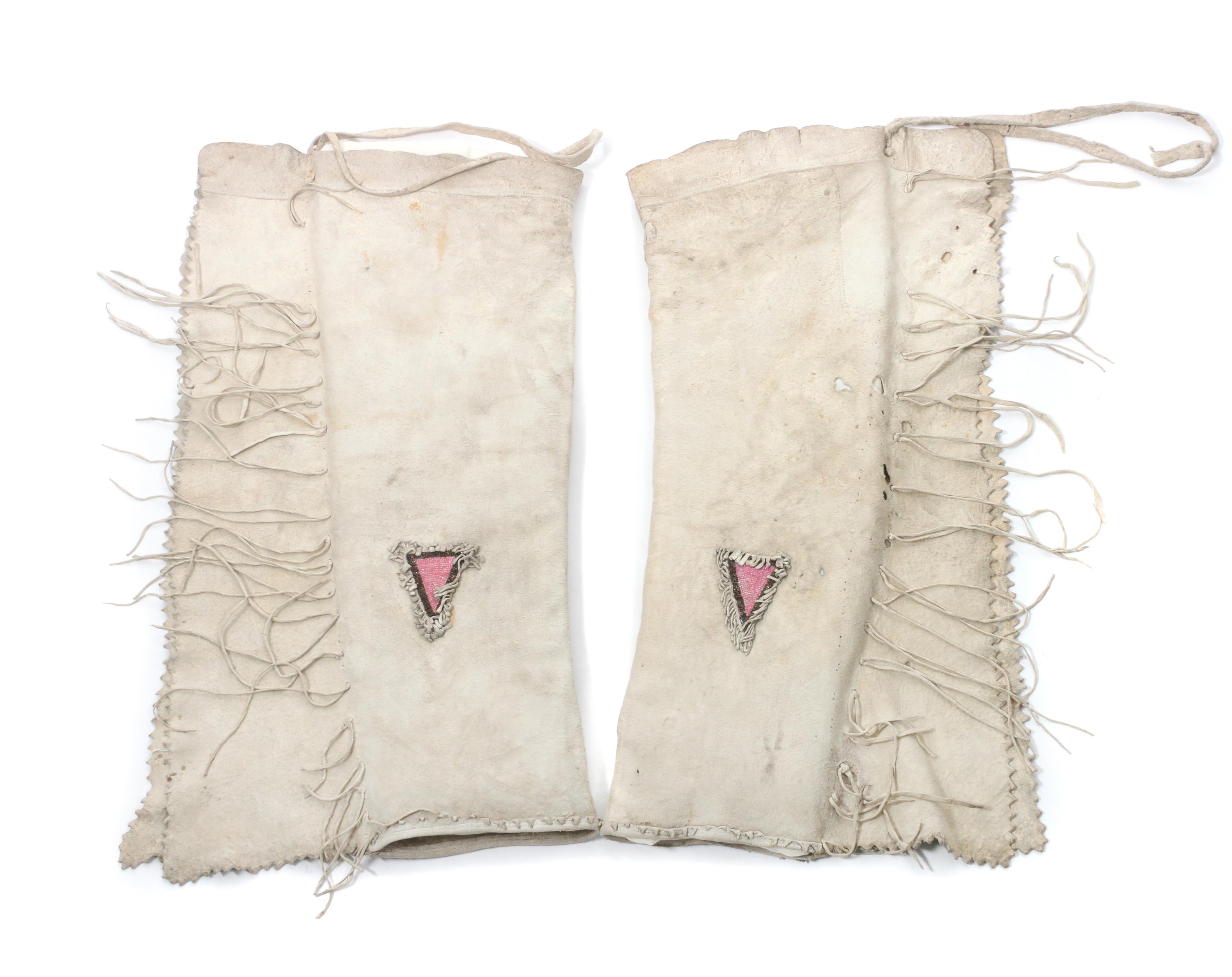 Two Pairs of Blackfeet Quilled Leggings Length of first 33 1/2 inches.