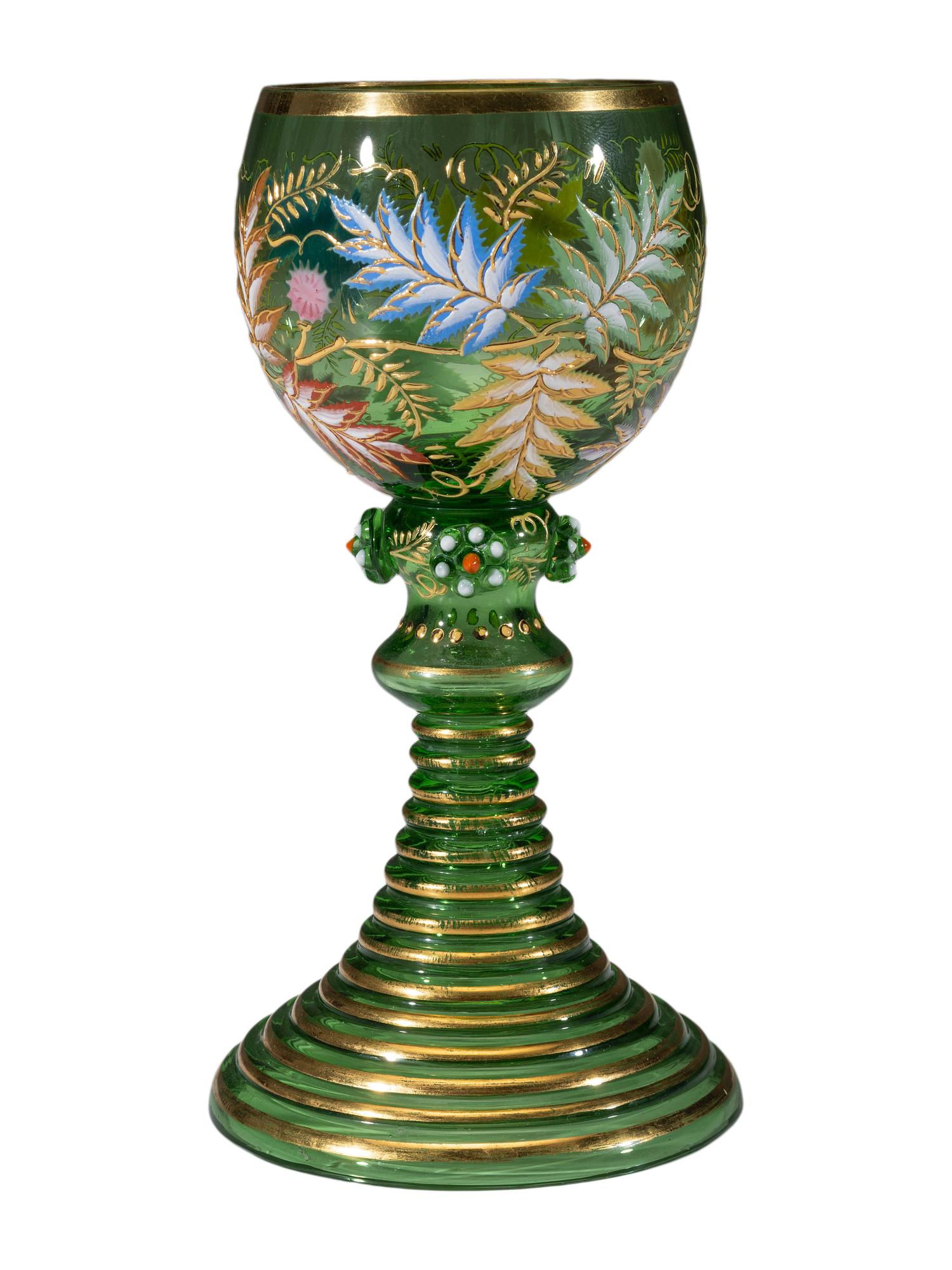 Six Bohemian Enameled Glass Roemers