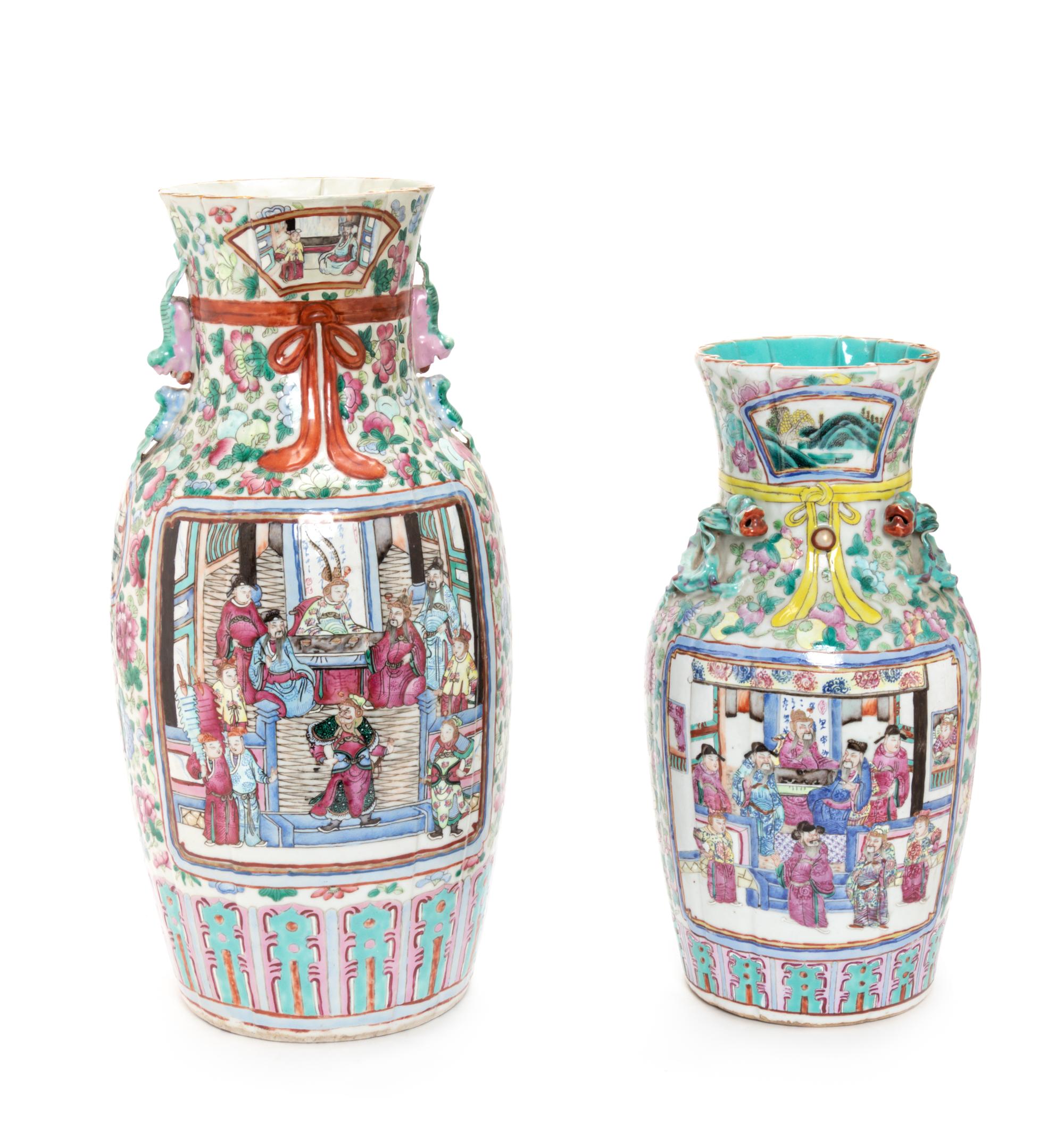 Two Chinese Export Rose Mandarin Porcelain Vases Height of taller 17 3/4 inches. — 19TH CENTURY