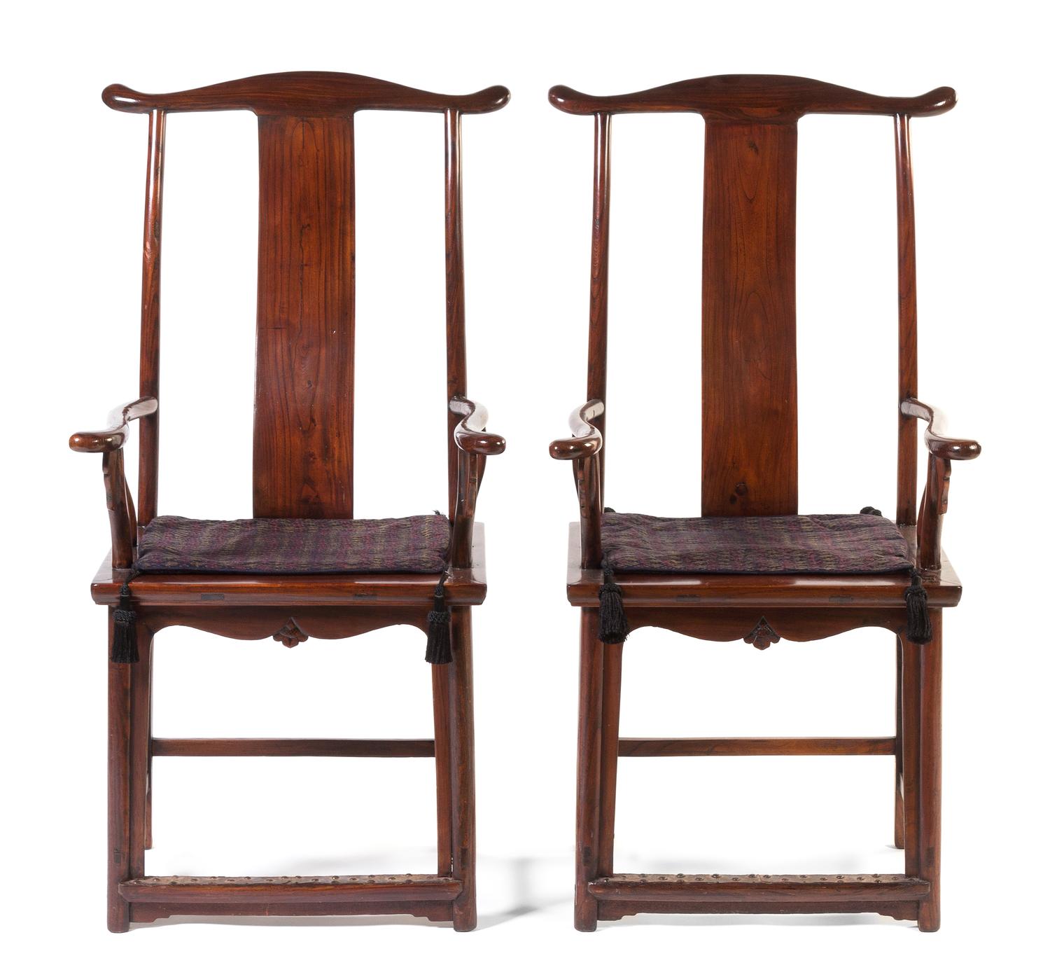 A Pair of Elmwood Official's Hat Chairs, Sichutouguanmaoyi Height 48 1/2 inches. — 19TH CENTURY