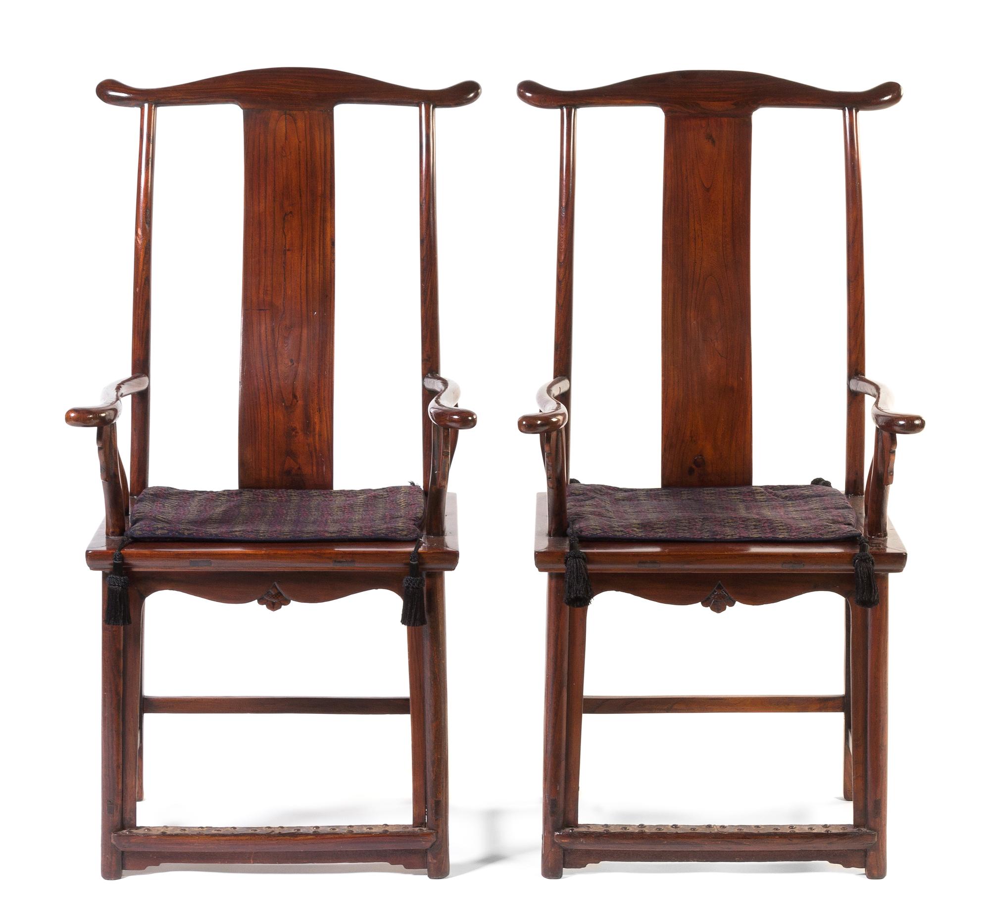 A Pair of Elmwood Official's Hat Chairs, Sichutouguanmaoyi Height 48 1/2 inches. — 19TH CENTURY