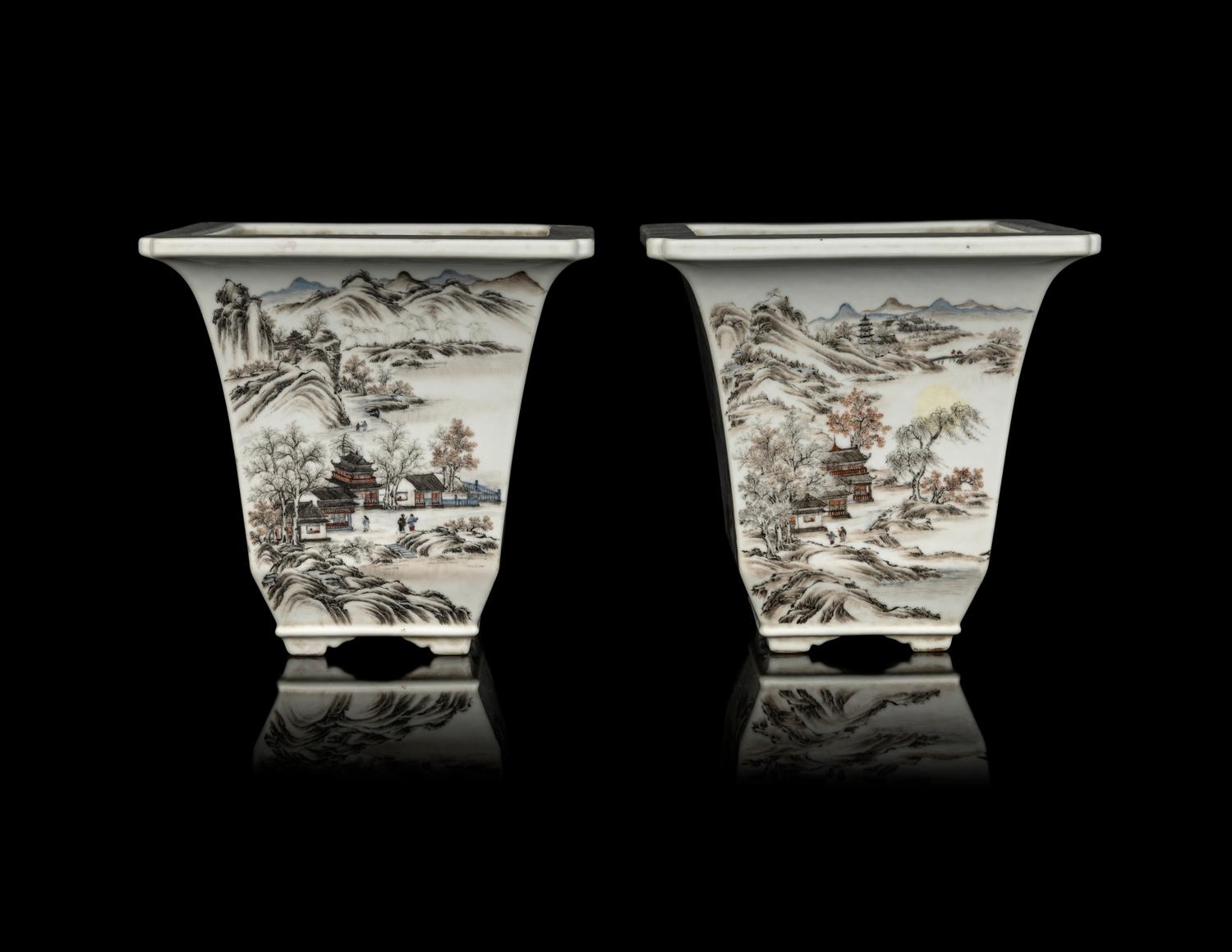 A Pair of Chinese Qianjiang Porcelain Square Cachepots