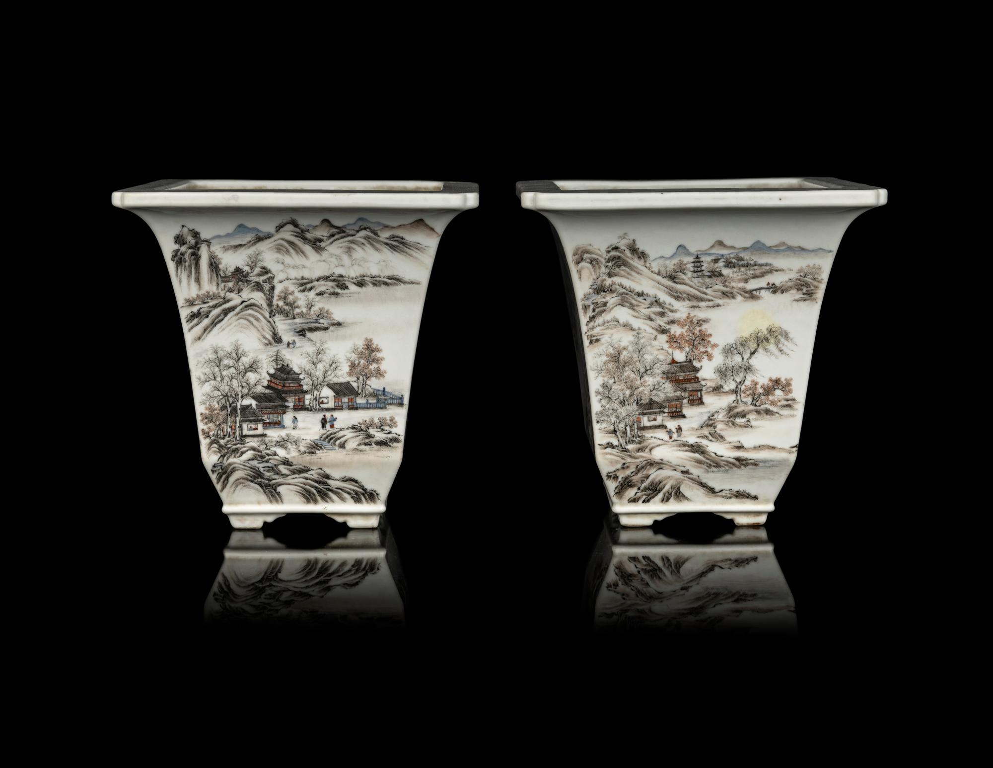 A Pair of Chinese Qianjiang Porcelain Square Cachepots