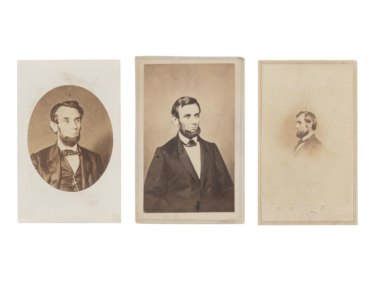 [LINCOLN, Abraham (1809-1865)]. 3 CDVs of Lincoln, incl. profile portrait by BRADY.