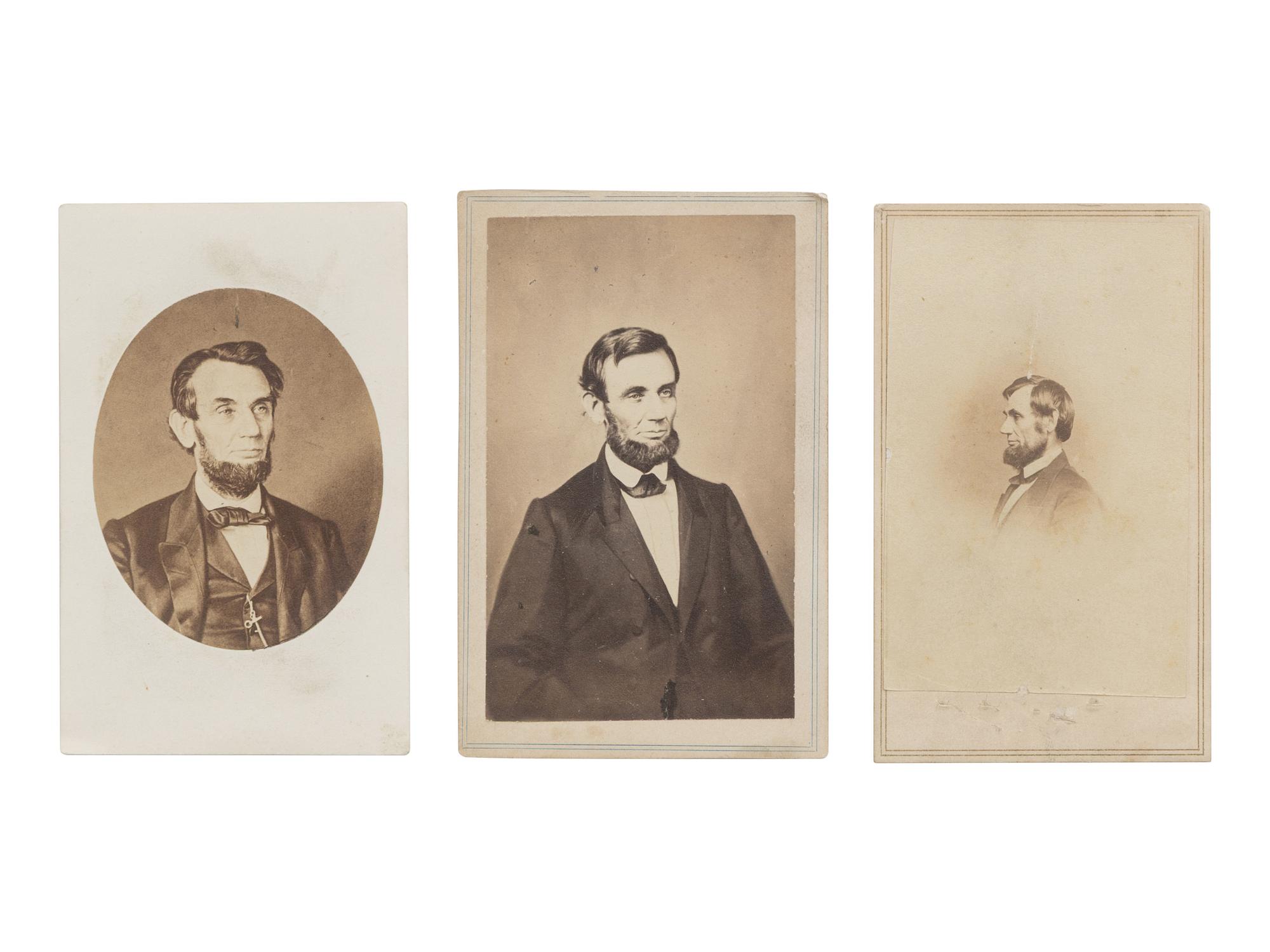 [LINCOLN, Abraham (1809-1865)]. 3 CDVs of Lincoln, incl. profile portrait by BRADY.