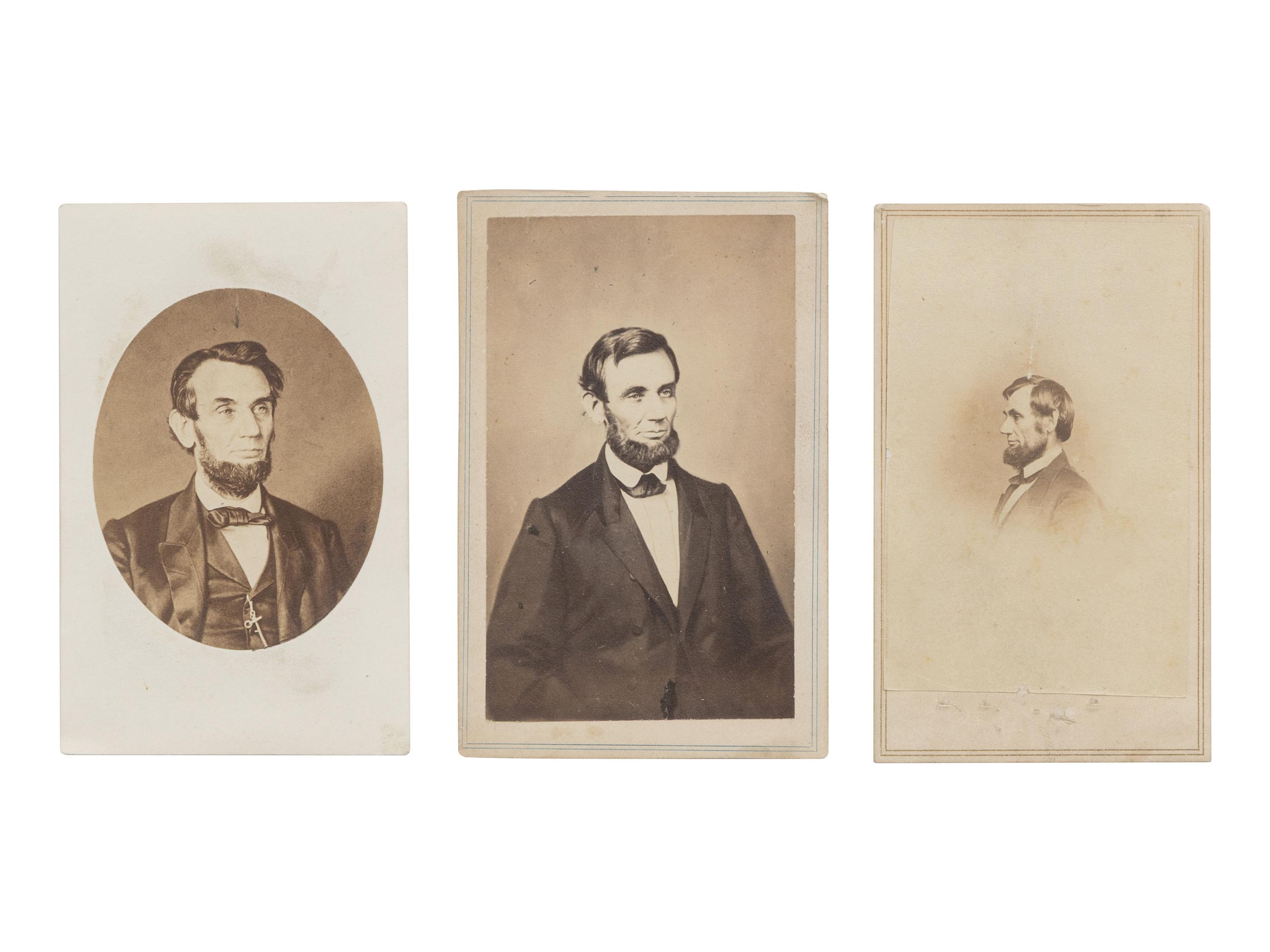 [LINCOLN, Abraham (1809-1865)]. 3 CDVs of Lincoln, incl. profile portrait by BRADY.