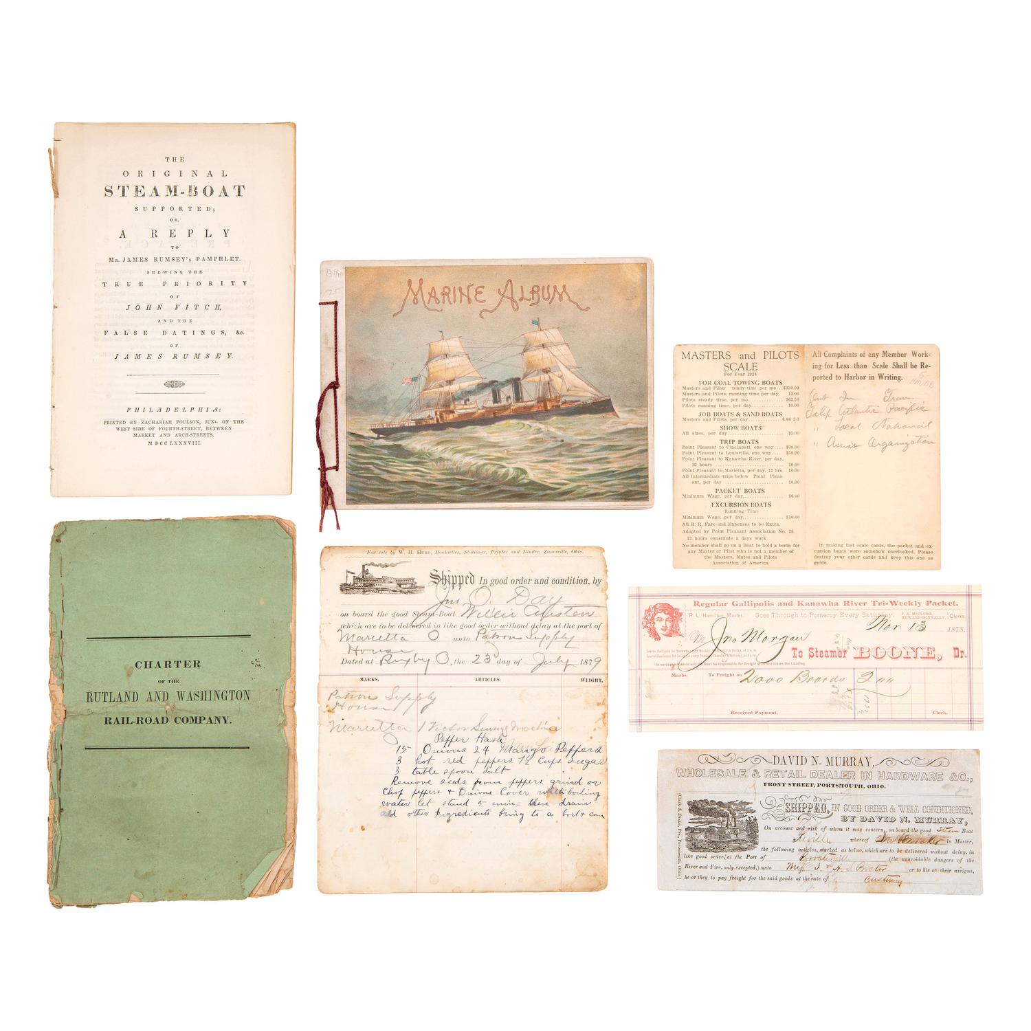 [TRANSPORTATION]. A group of 19 pamphlets and imprints associated with steamboats and railroads.