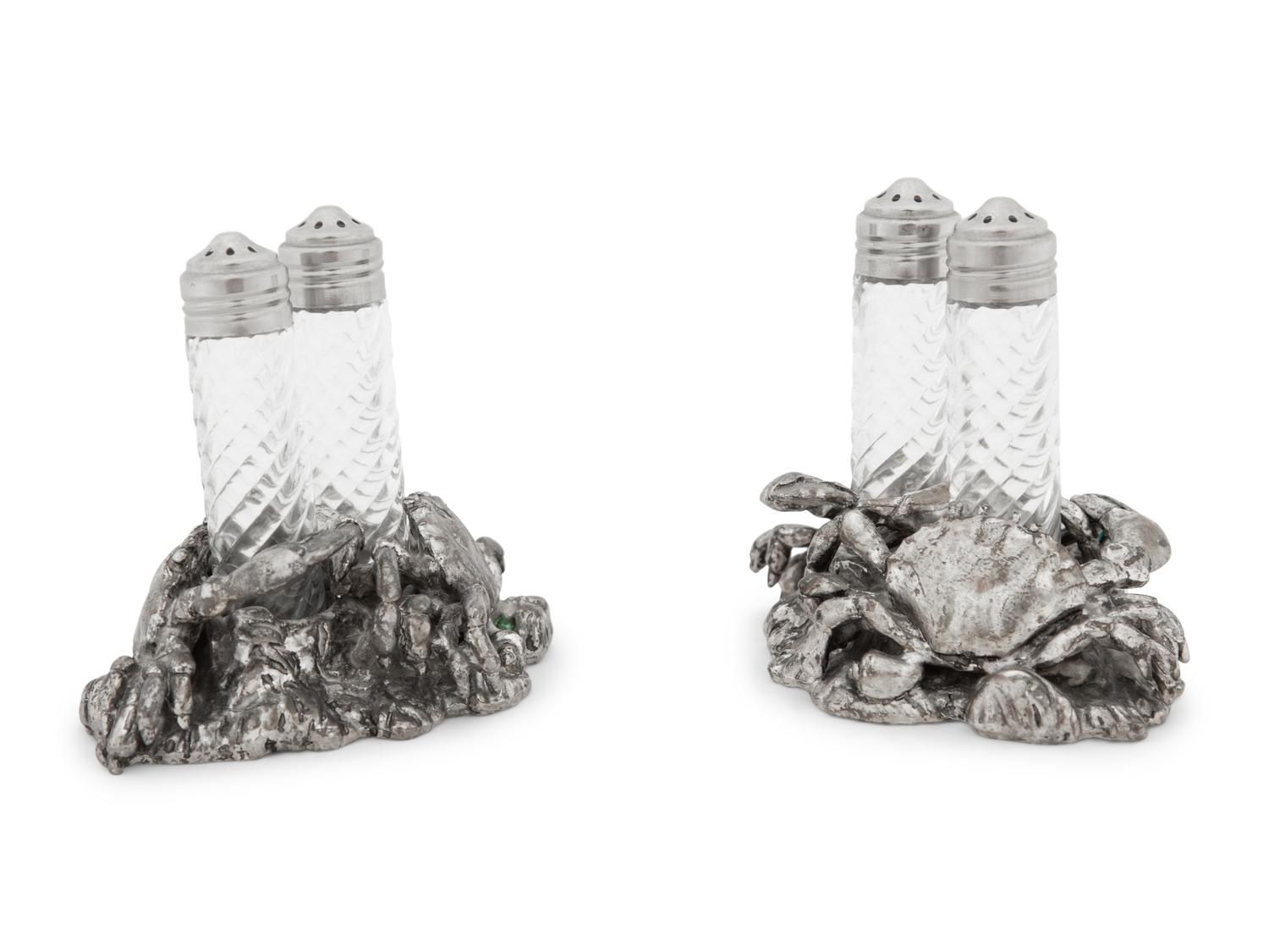 A Silvered Metal and Cut Glass 'Crab' Shaker Set