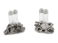 A Silvered Metal and Cut Glass 'Crab' Shaker Set