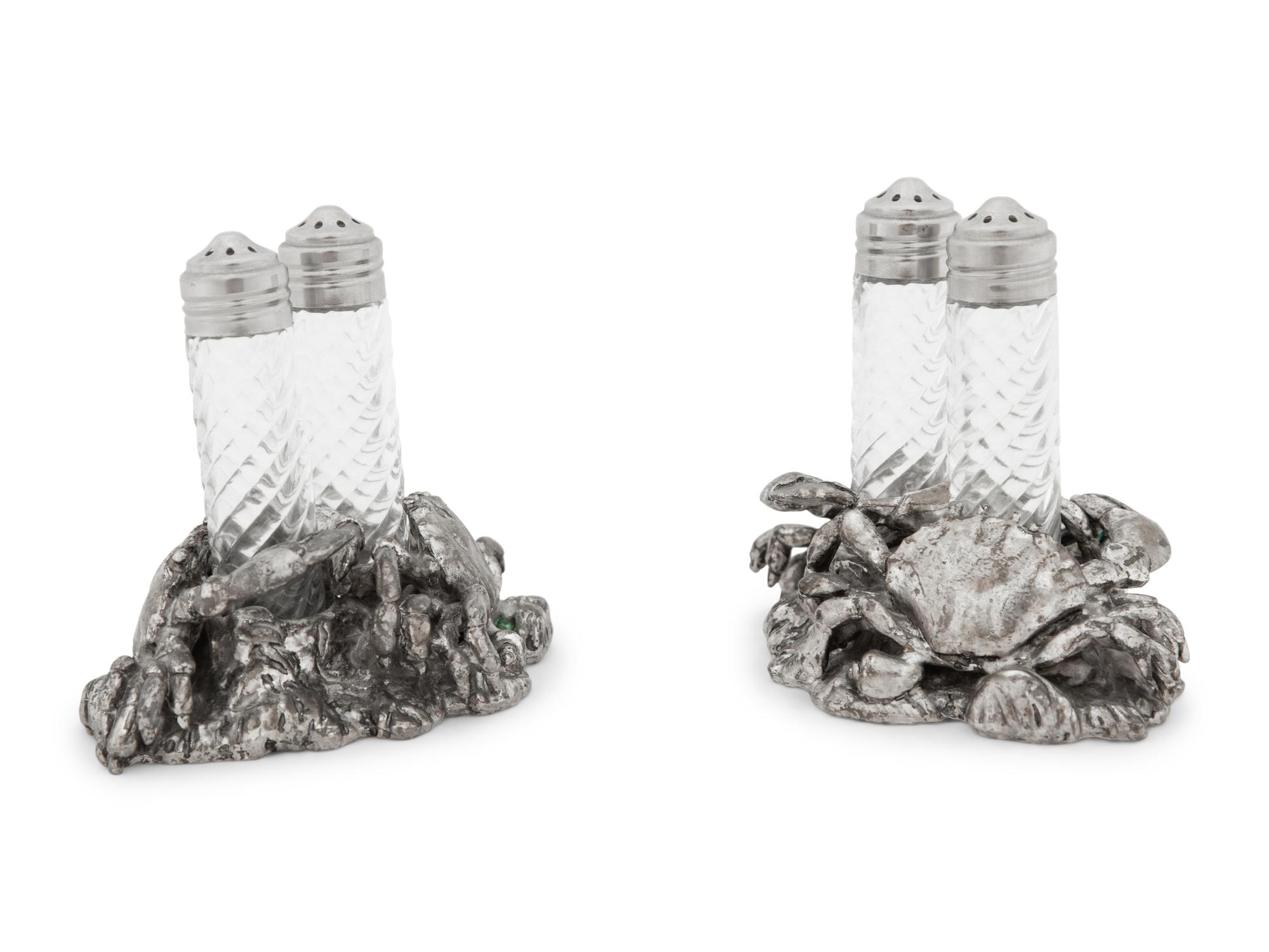 A Silvered Metal and Cut Glass 'Crab' Shaker Set