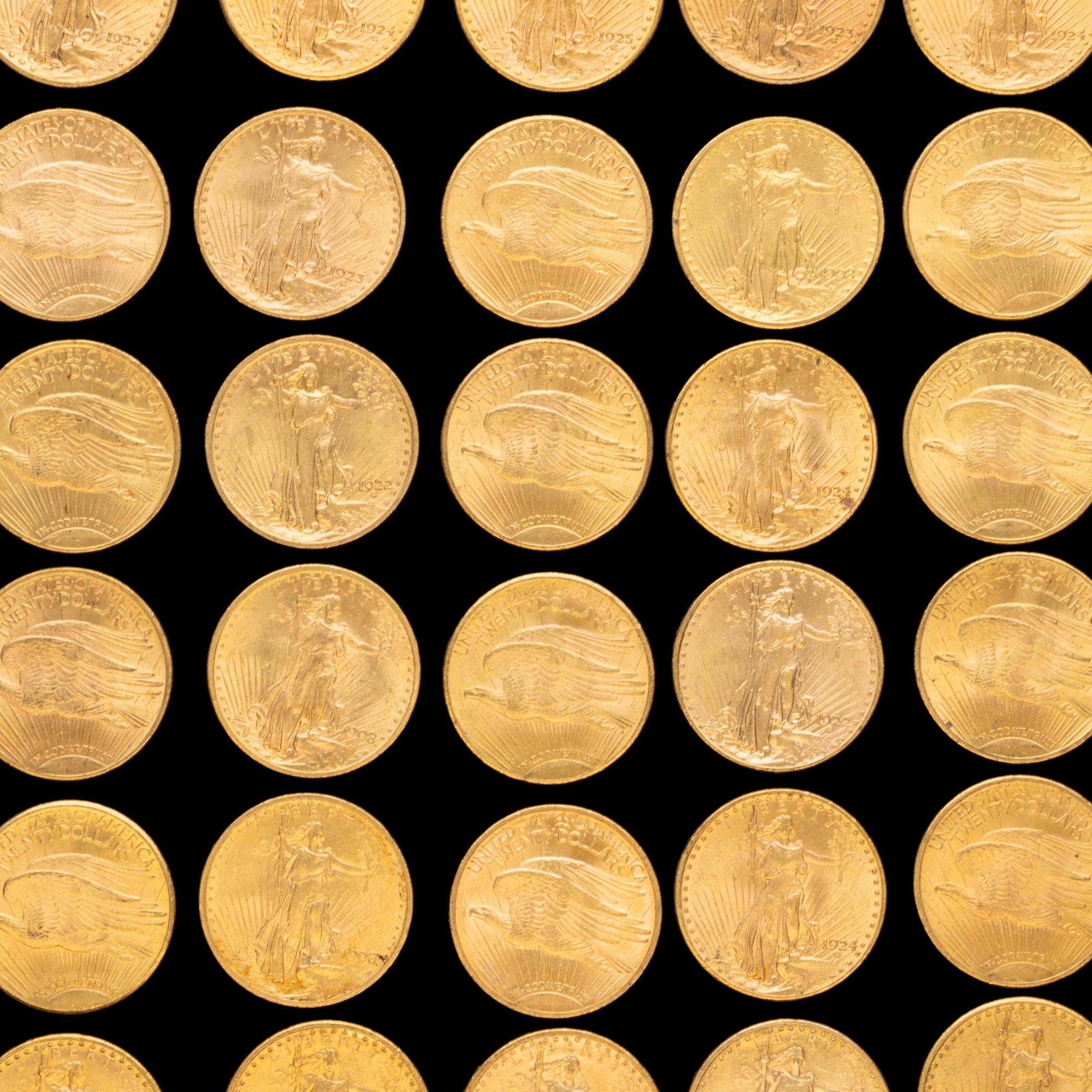 A Collection of Fifty-Eight Saint-Gaudens $20 Gold Coins