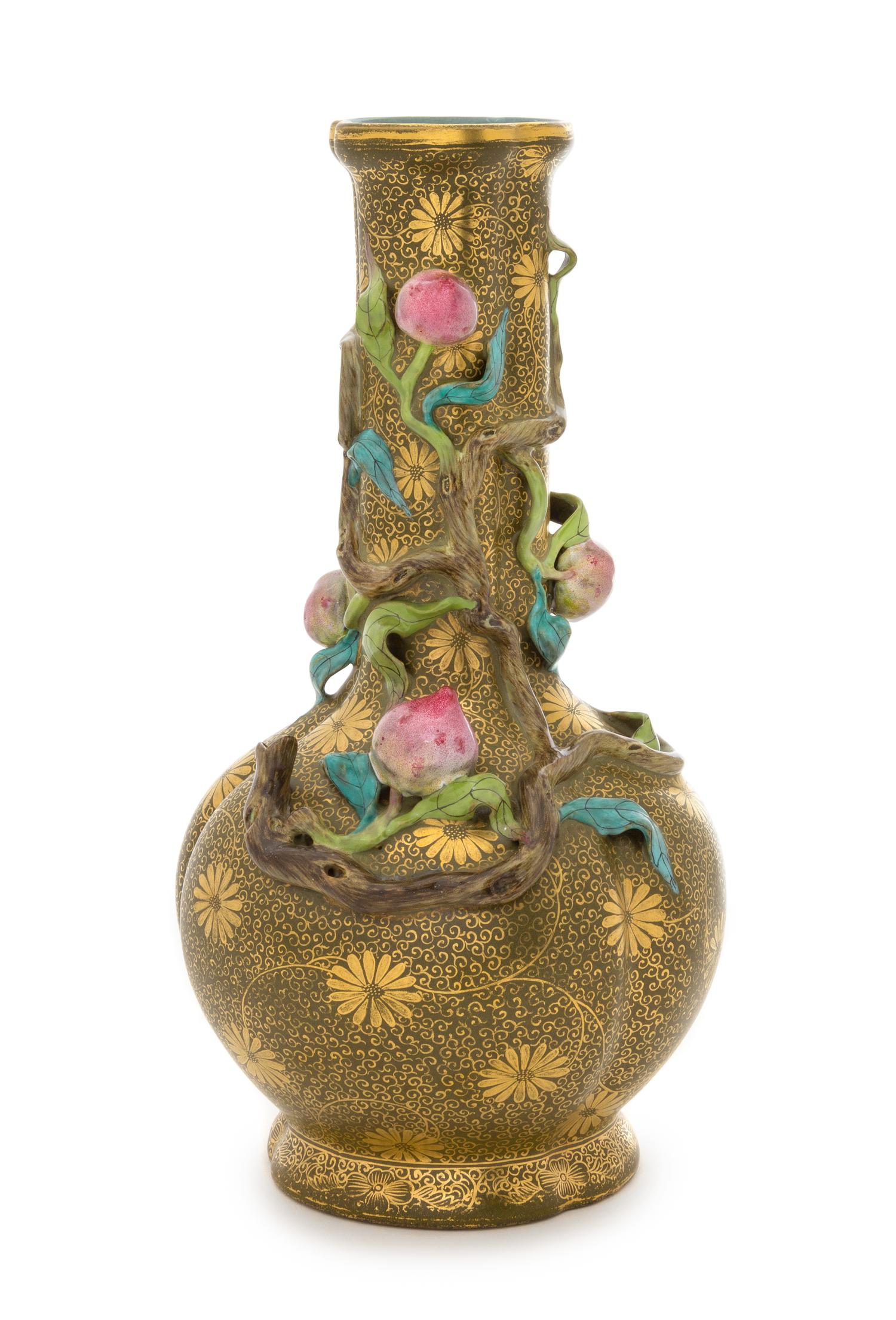 A Gilt Decorated Teadust Ground Porcelain Vase Height 10 1/2 inches.