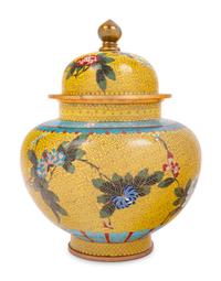 Seven Large Chinese Yellow Ground Cloisonné Enameled Vases