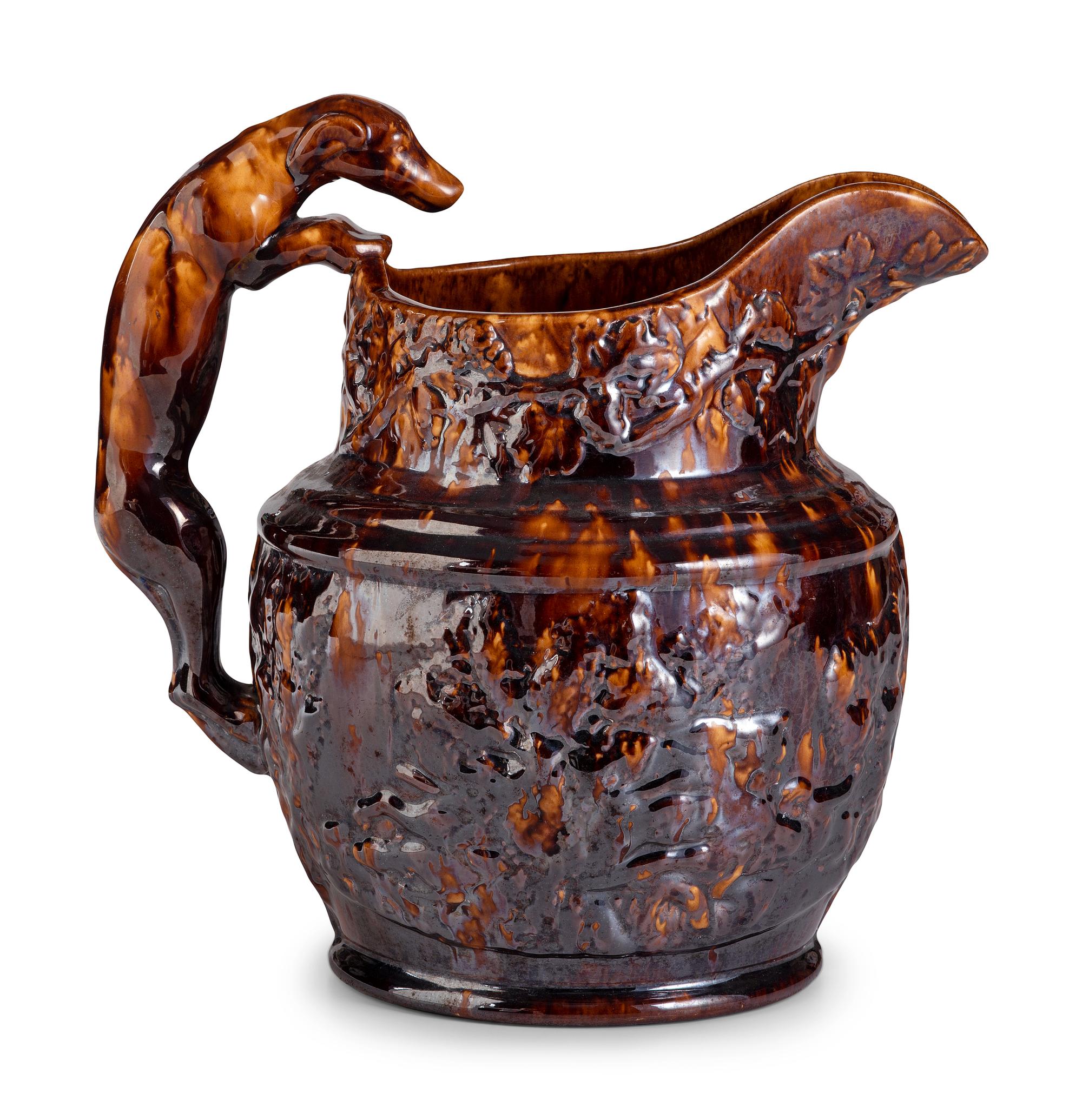 A Large Harker Hound Handle Rockingham Pitcher