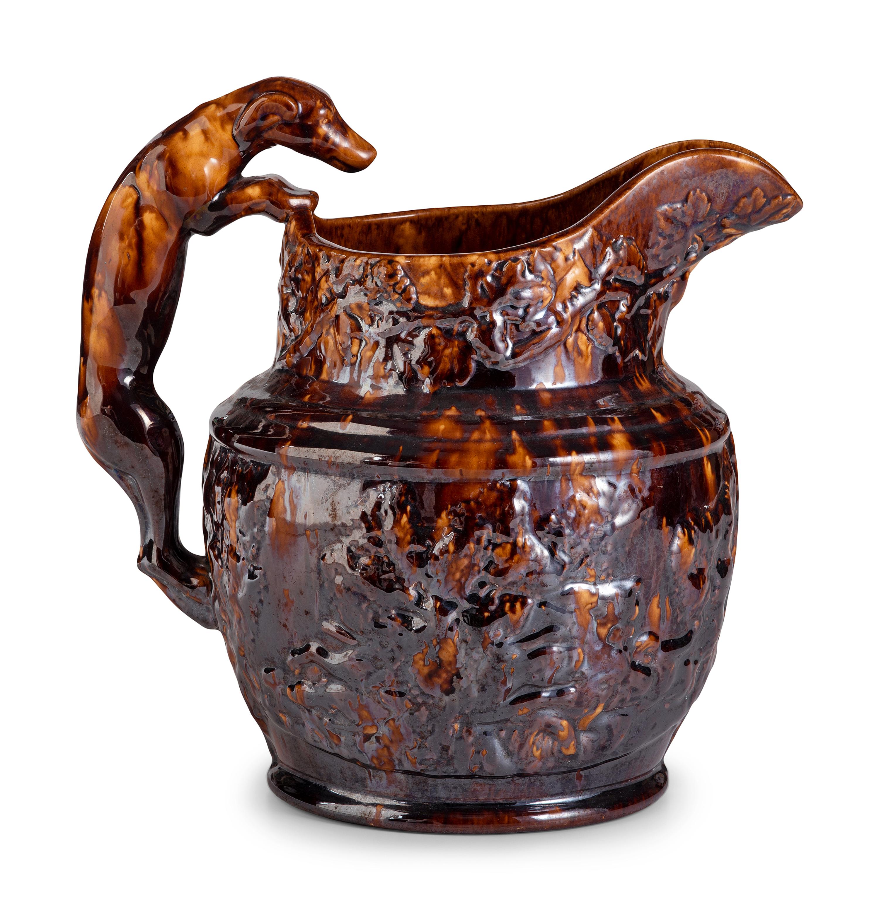 A Large Harker Hound Handle Rockingham Pitcher