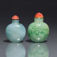 Two Chinese Jadeite Snuff Bottles, Possibly 19th Century 清晚期 翡翠素面鼻烟壺兩支
