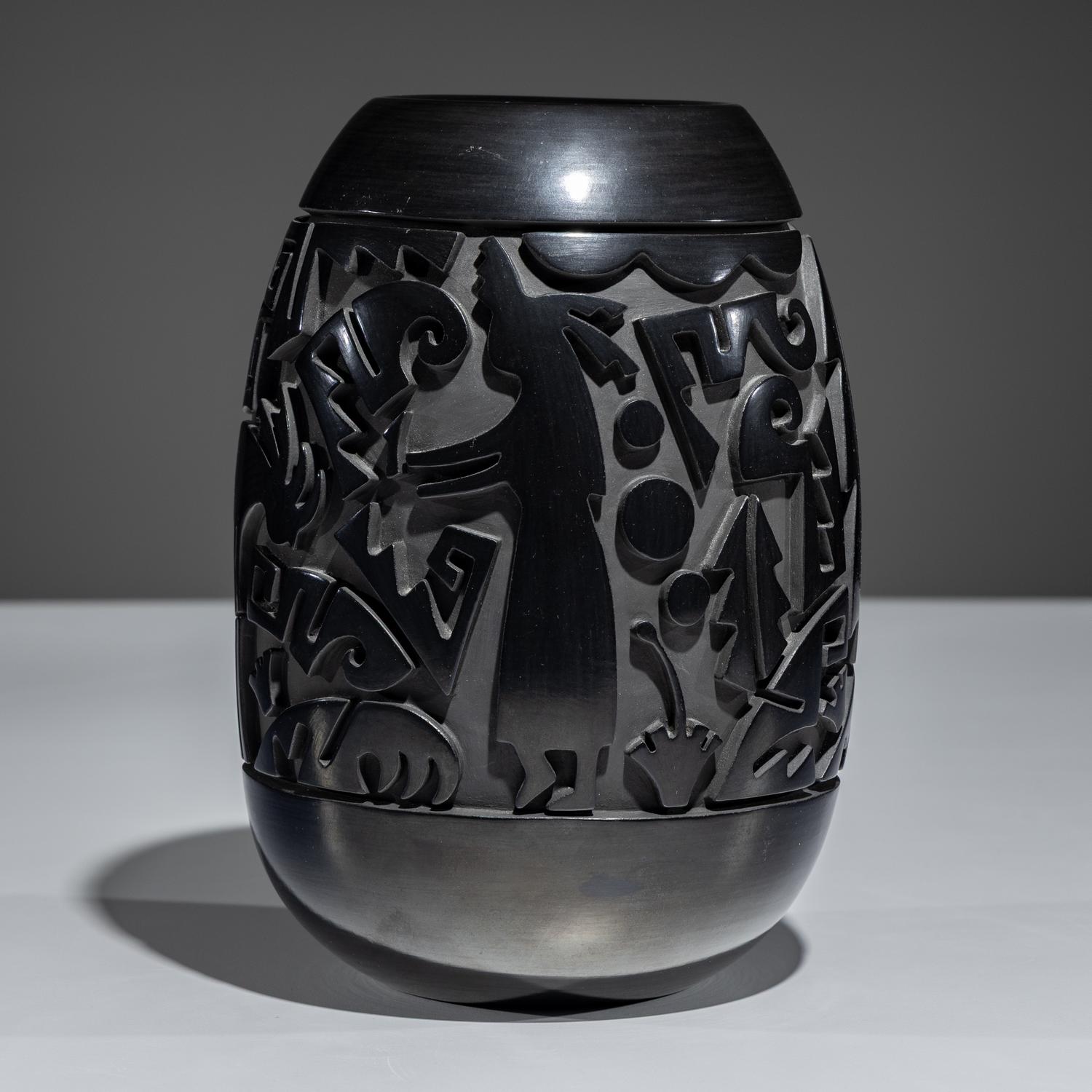 Carved Figural Blackware Pottery Vase November 1994