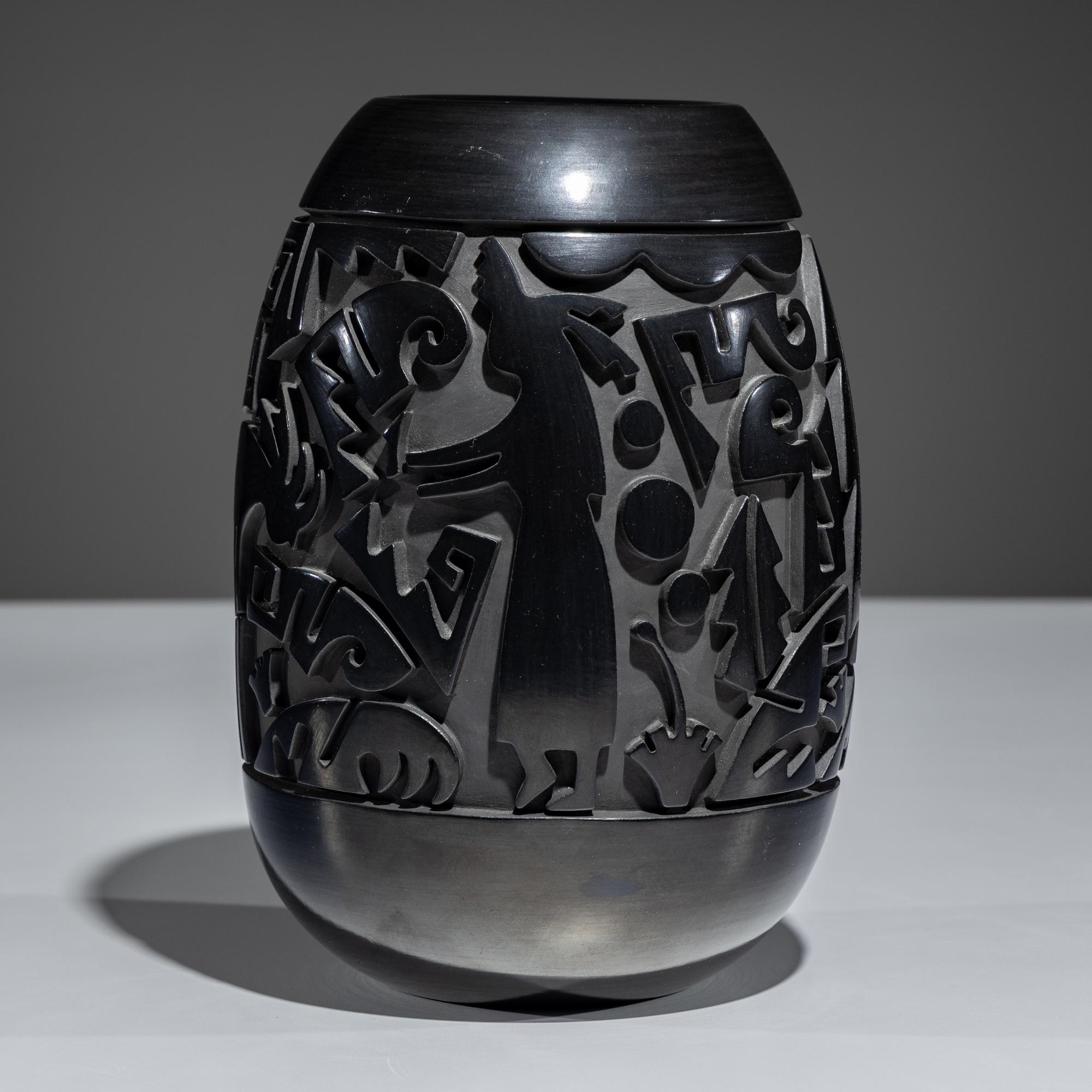 Carved Figural Blackware Pottery Vase November 1994