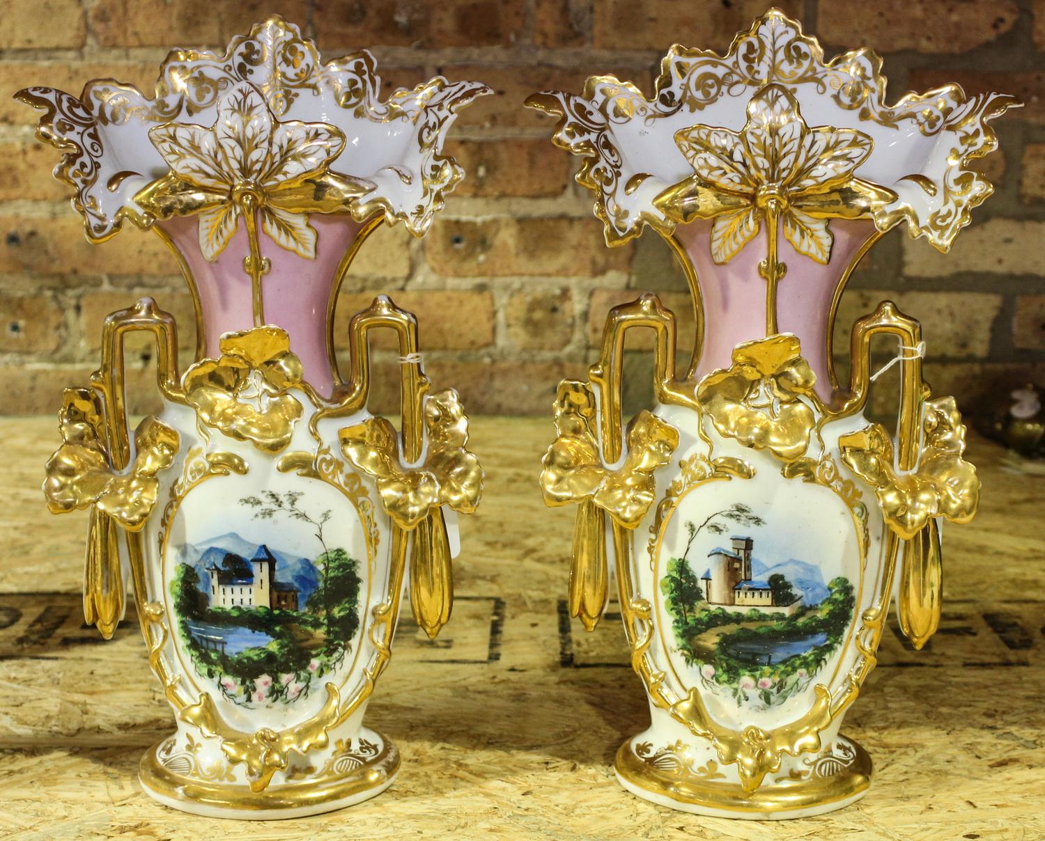 A Pair of Porcelain Mantle Vases. Height of 14 1/4 inches.