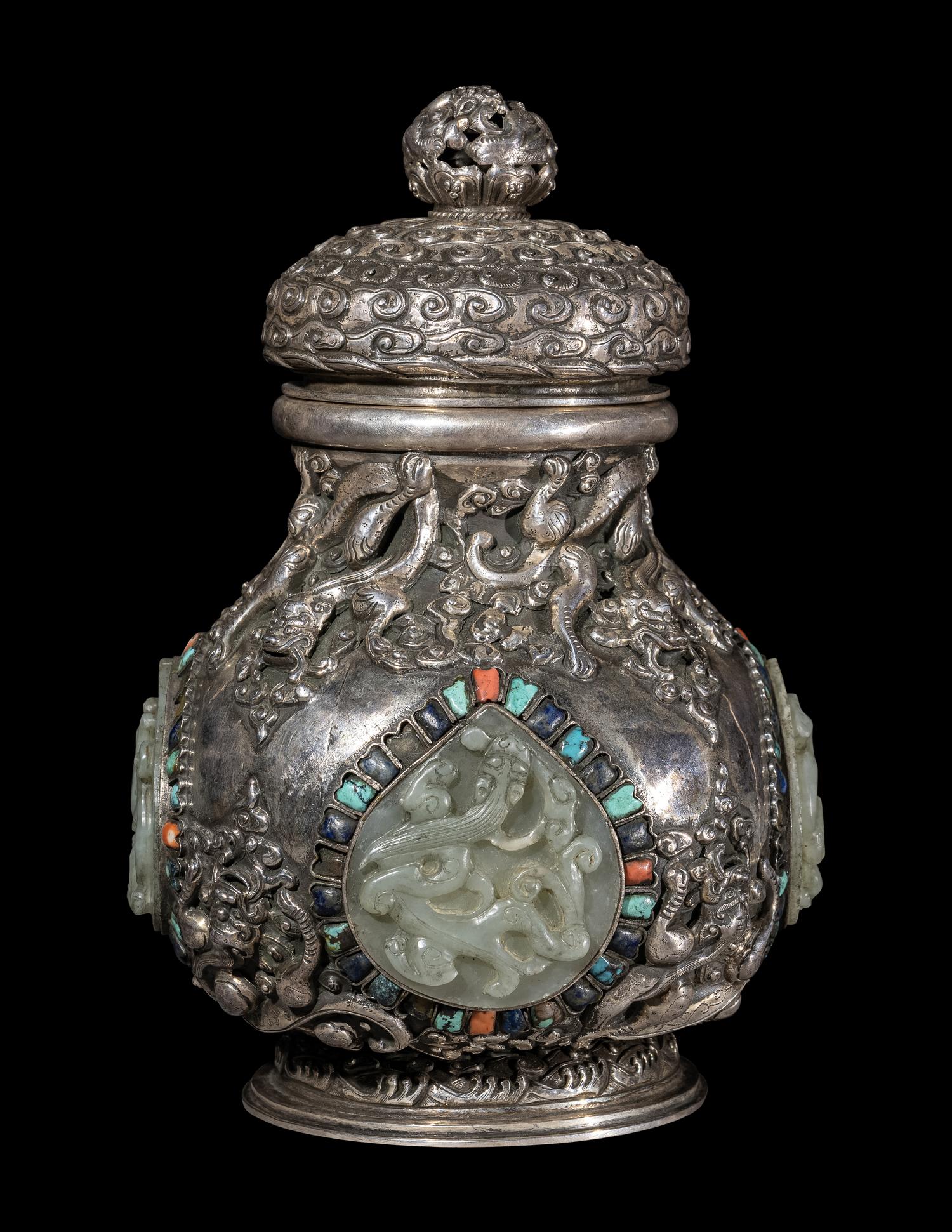 A Mongolian Jade and Hardstone Inset Silver Covered Hu Vessel