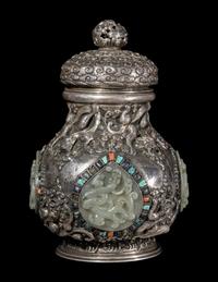 A Mongolian Jade and Hardstone Inset Silver Covered Hu Vessel