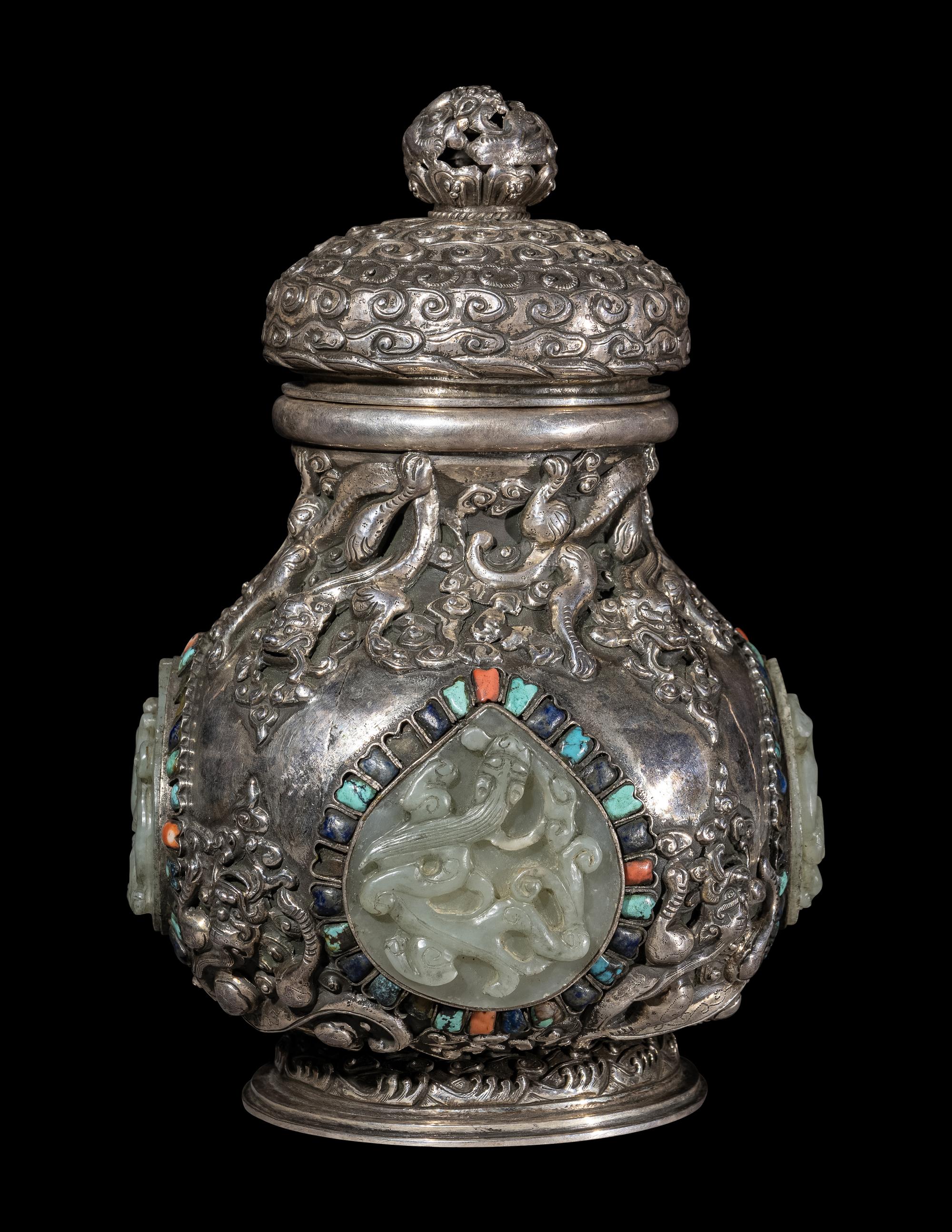 A Mongolian Jade and Hardstone Inset Silver Covered Hu Vessel