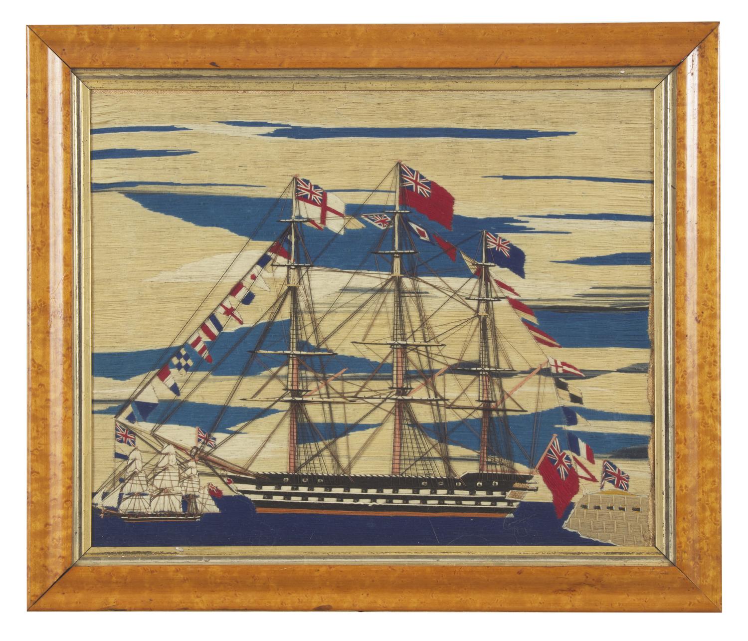 Two Sailor-Made Woolwork Pictures of Ships Festooned with Signal Flags, 19th Century