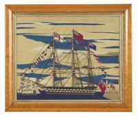 Two Sailor-Made Woolwork Pictures of Ships Festooned with Signal Flags, 19th Century
