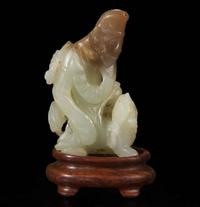 A rare Chinese jade carving of a foreigner and mythical beast 胡人戏兽玉雕 Tang dynasty or later ????