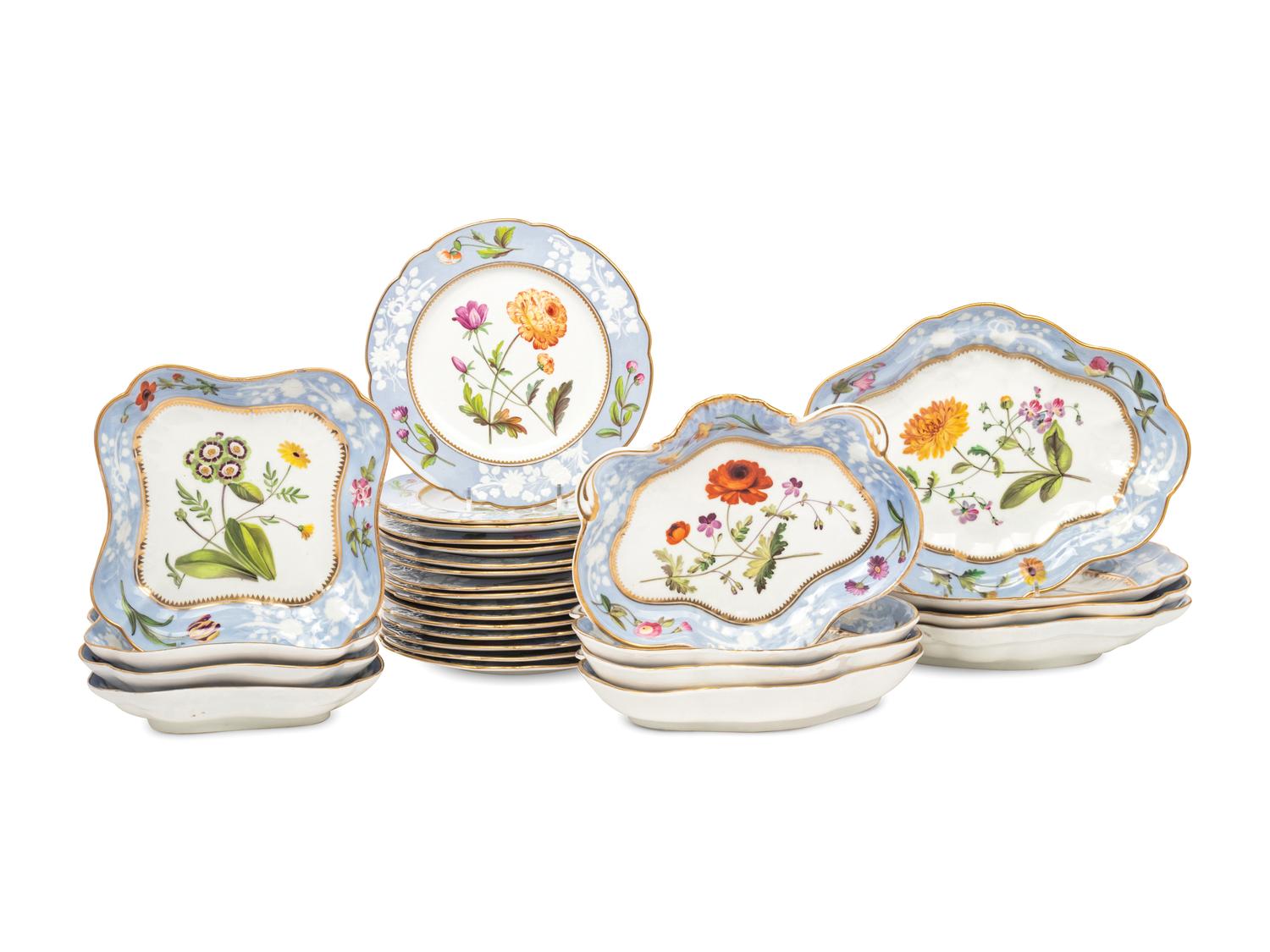 A Spode Pale Blue-Ground Botanical Porcelain Dessert Service