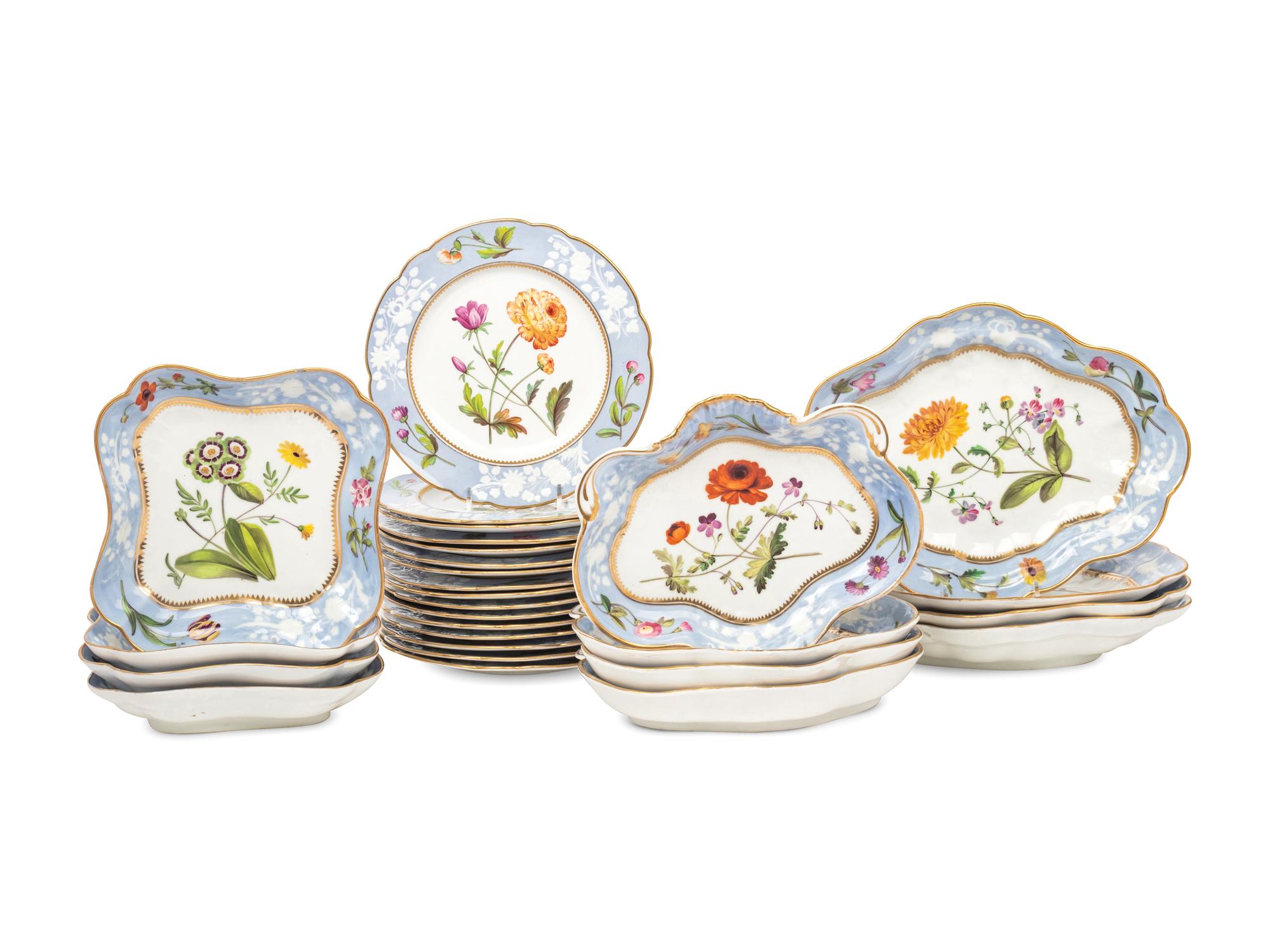 A Spode Pale Blue-Ground Botanical Porcelain Dessert Service