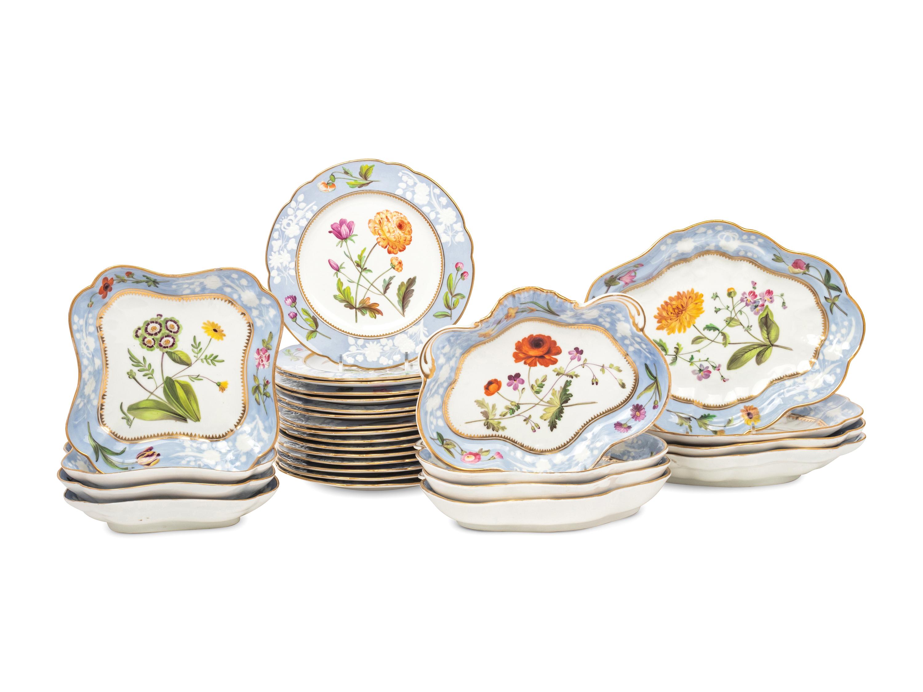A Spode Pale Blue-Ground Botanical Porcelain Dessert Service