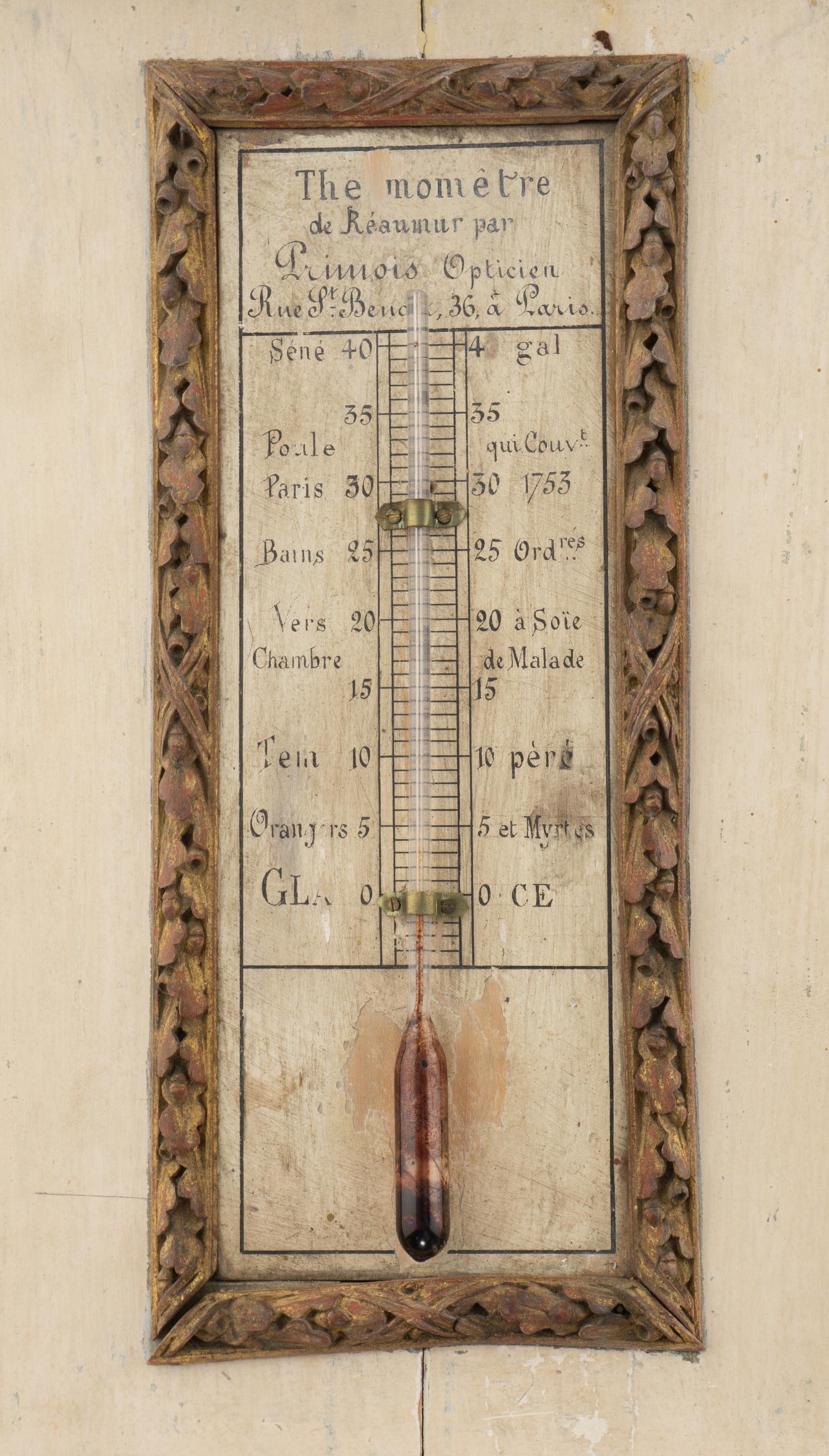 A Louis XVI Carved, Painted and Parcel Gilt Thermometer and Barometer